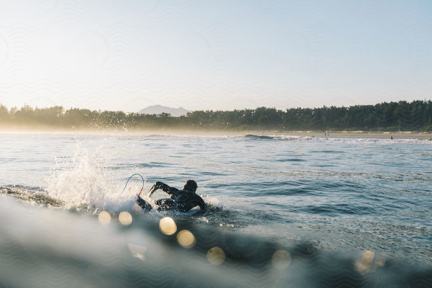 A person surfing in the water searching for the right wave