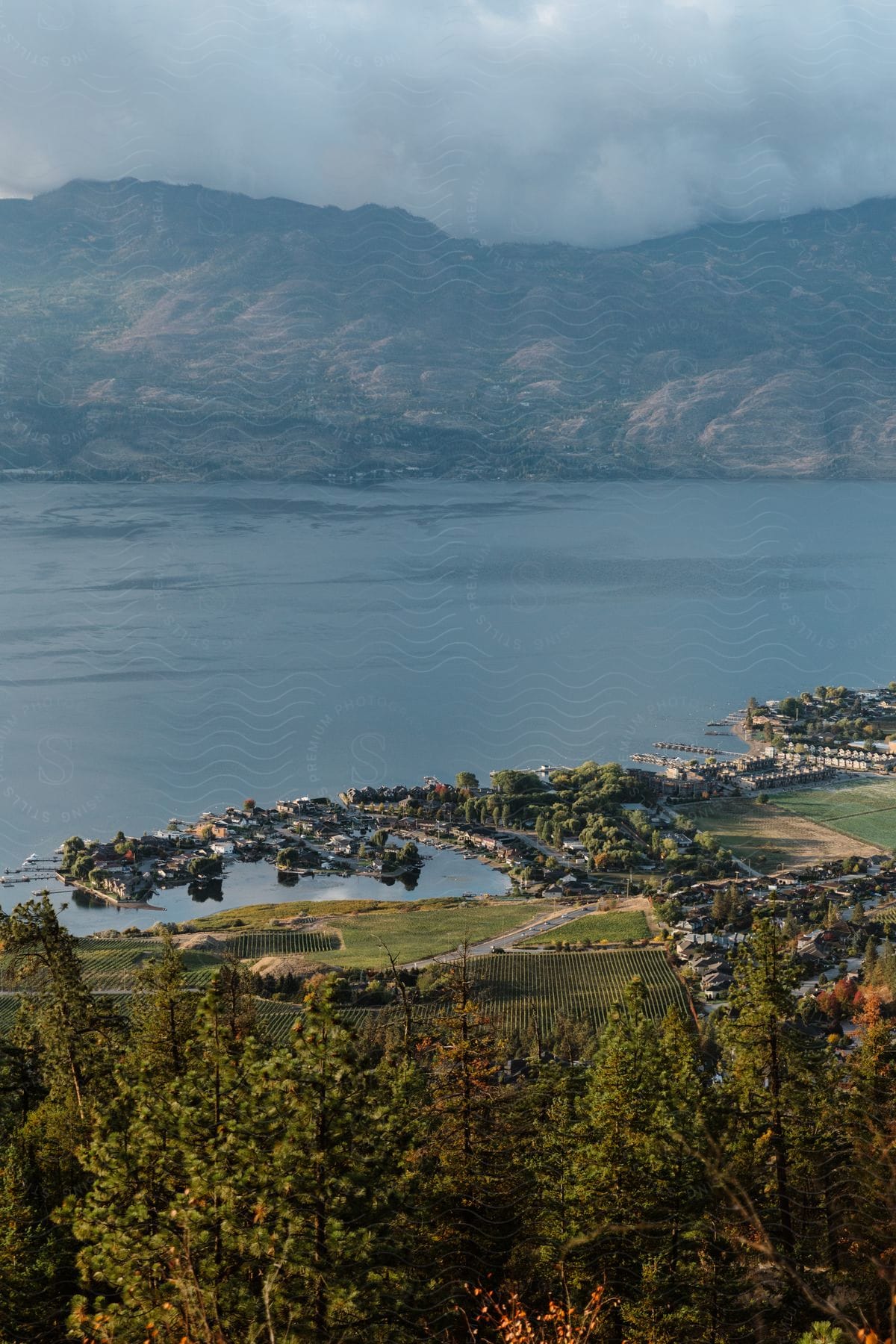 A small town by a lake with mountains in the background