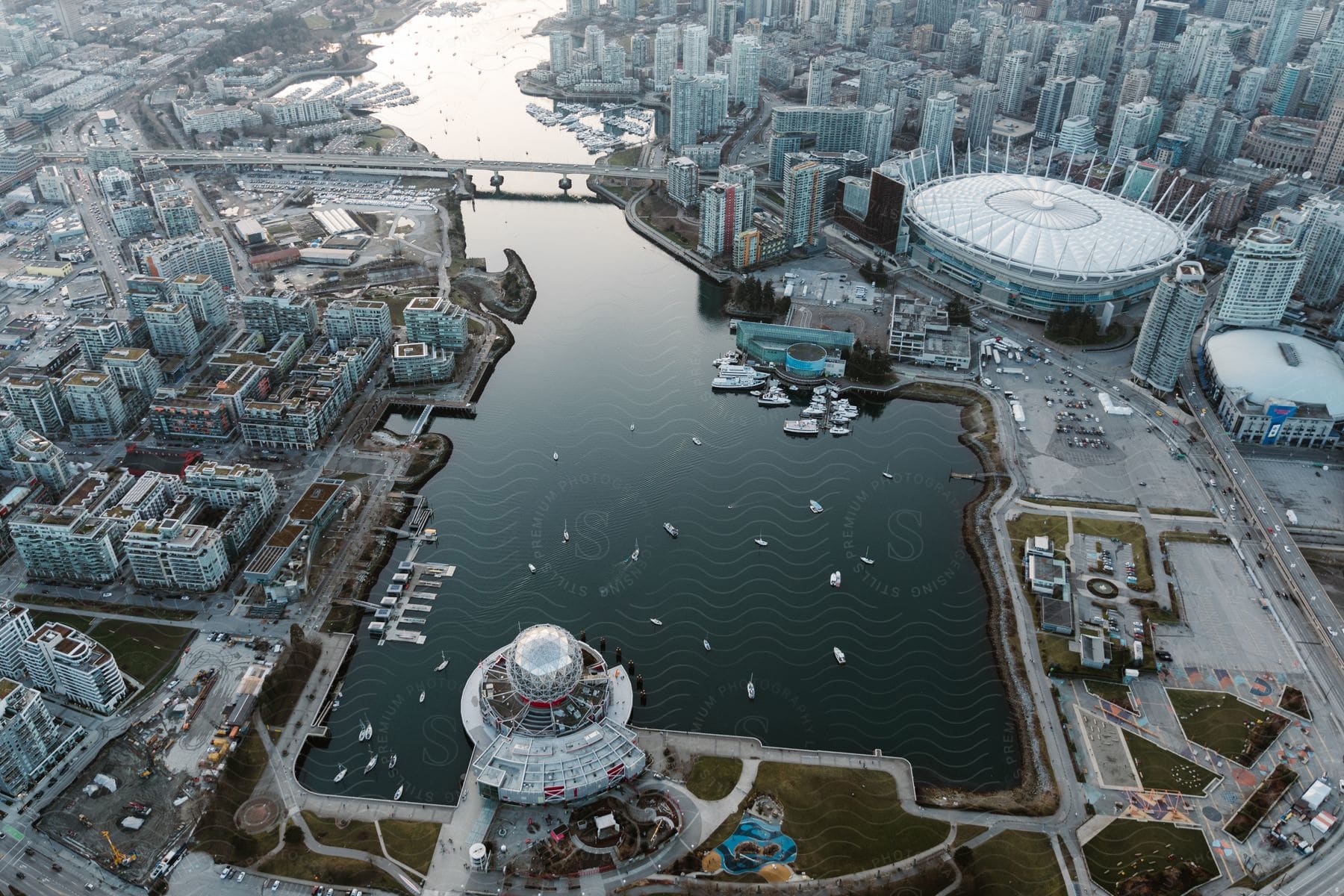 Stock photo of aerial perspective of a city near a body of water