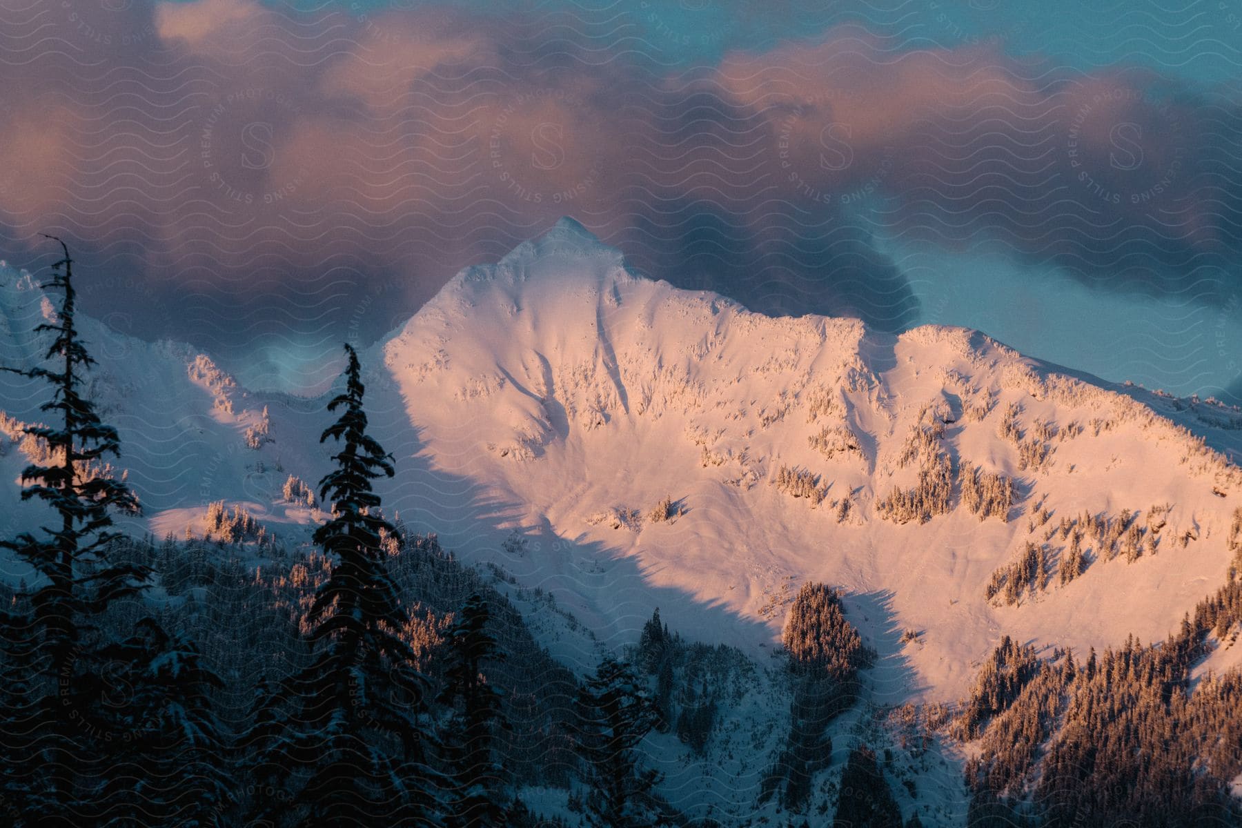 Snowy mountain surrounded by trees with heavy clouds hanging over it