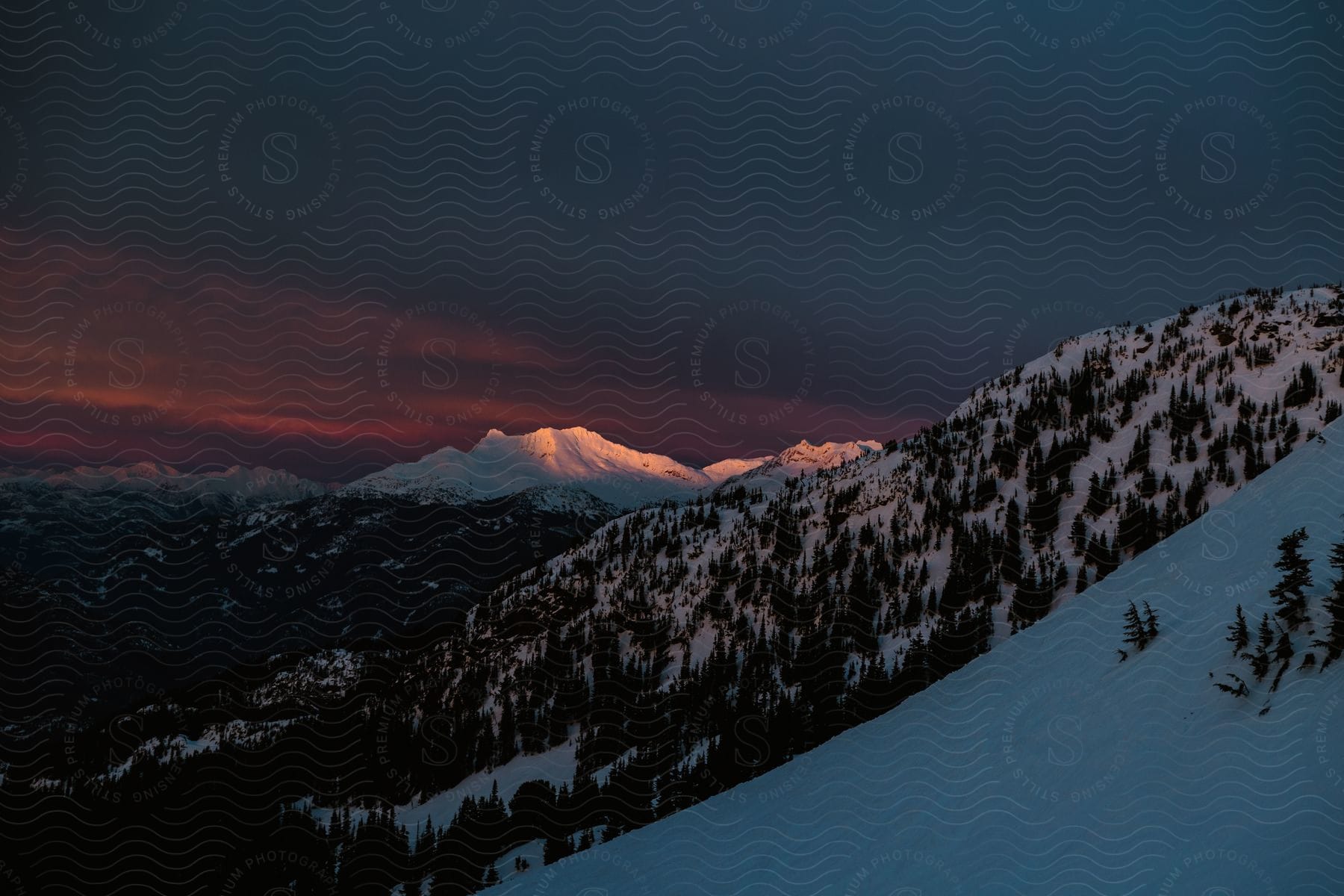 Snowcovered mountain landscape at sunset