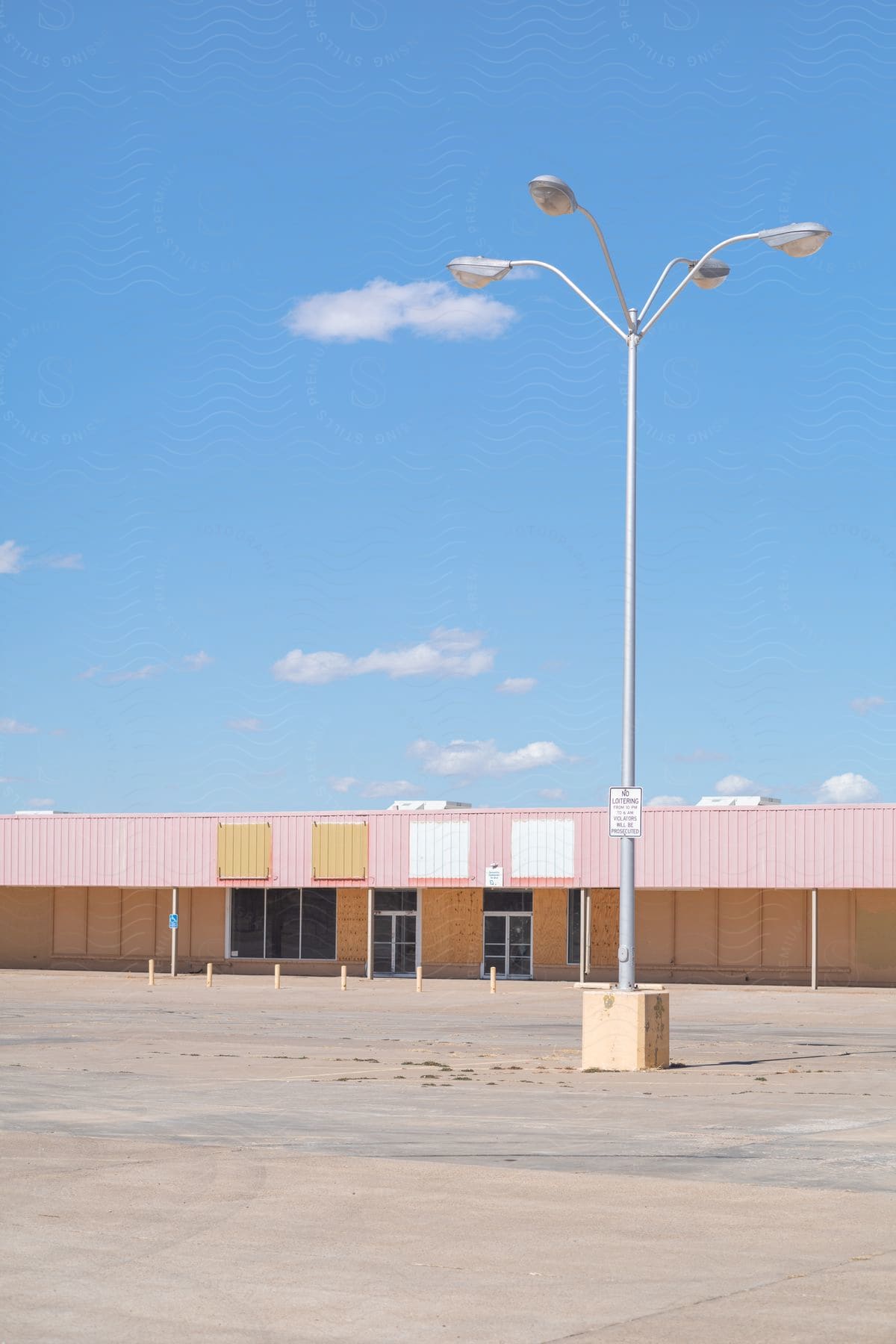 A Boarded Up Building Near A Street Light At Night