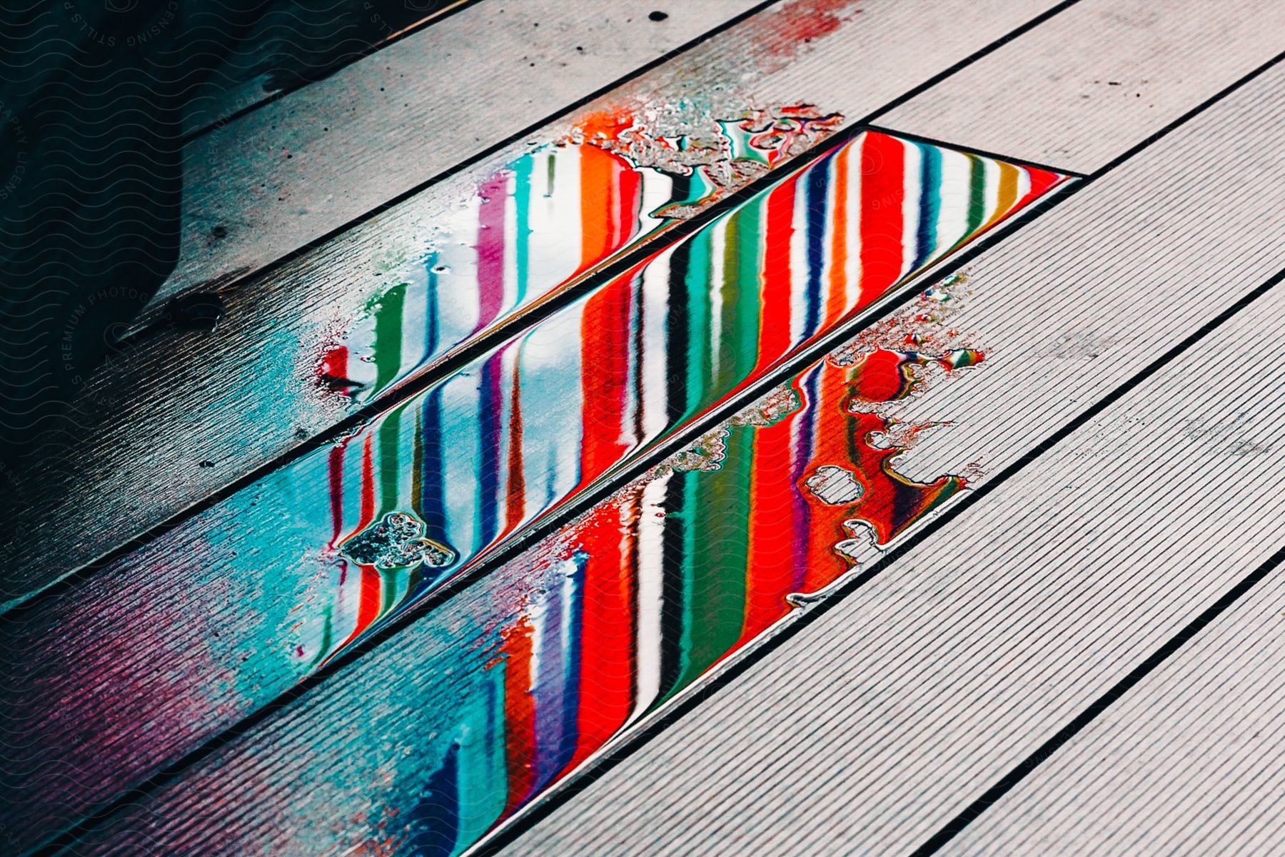 Bright colors reflected in a puddle of water on a deck