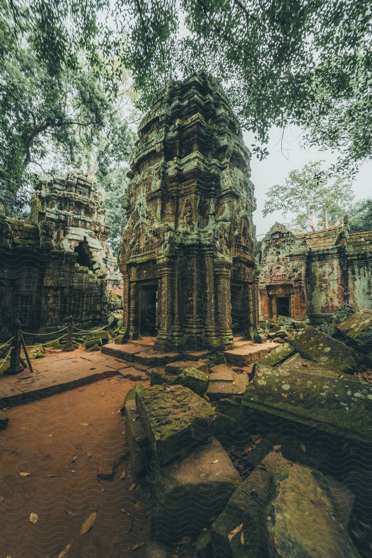 Ancient hindu temple architecture in the jungle on a sunny day