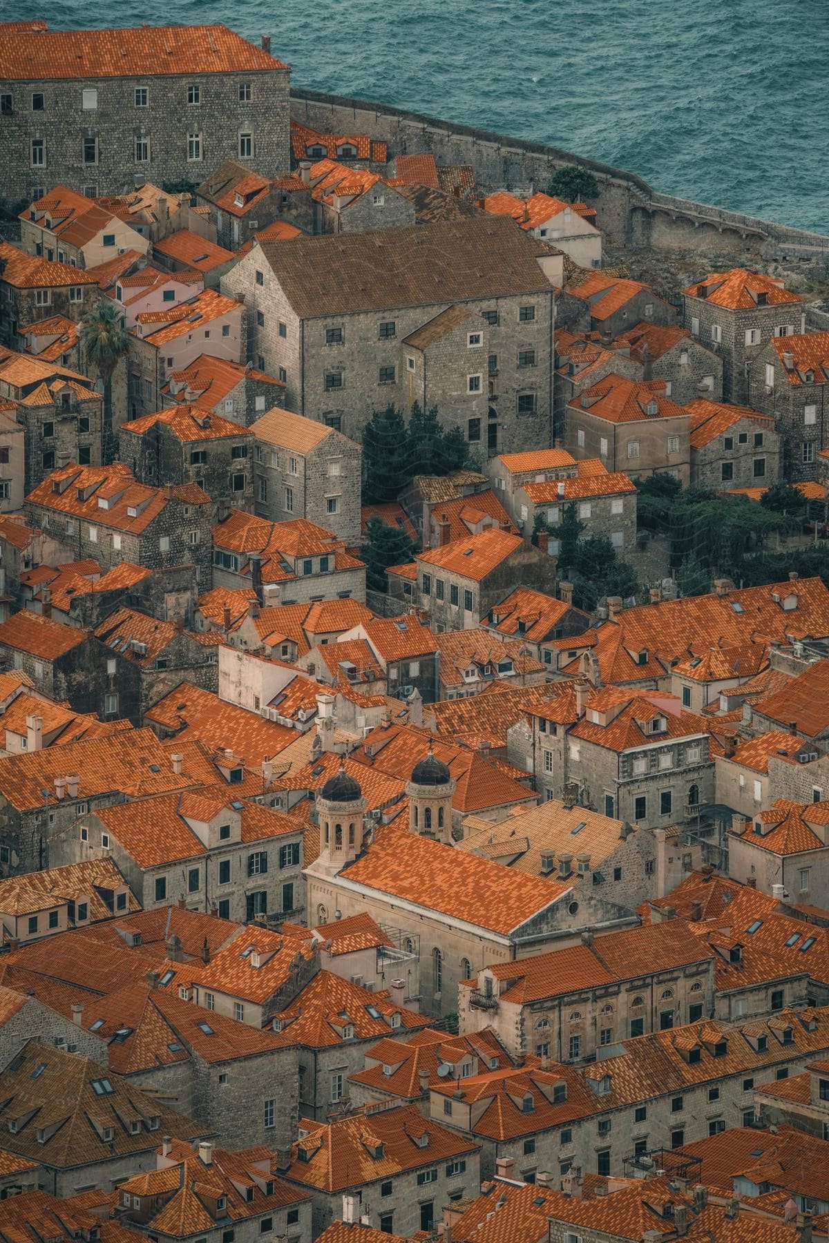 Aerial view of a city with buildings and tile roofs