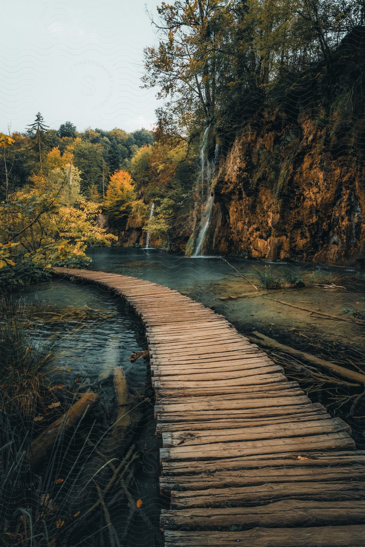 Stock photo of a wooden path over a river near mountains and trees