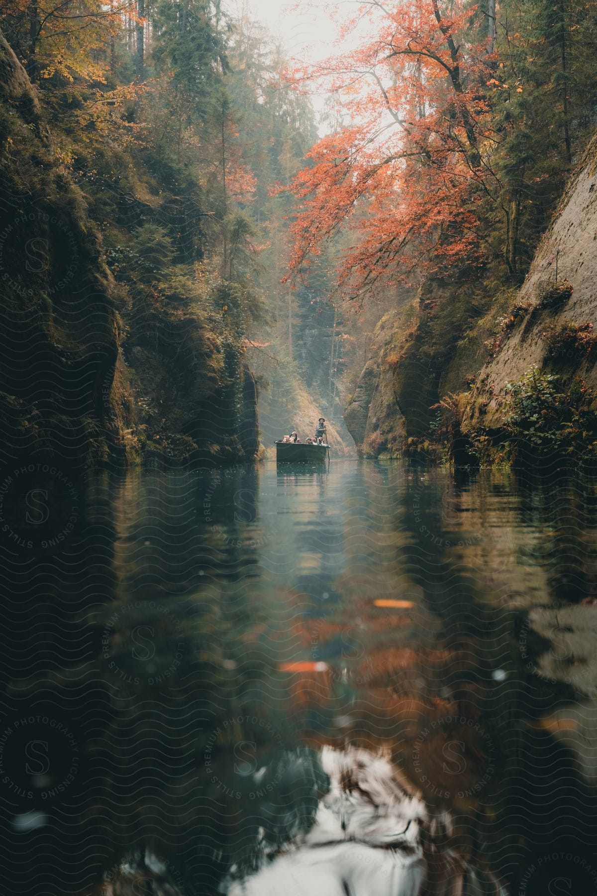 A boat with people on a river between cliffs