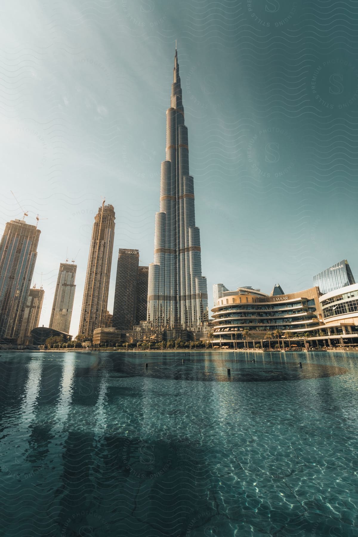 A square with a large fountain in the middle and modern buildings and skyscrapers in the background