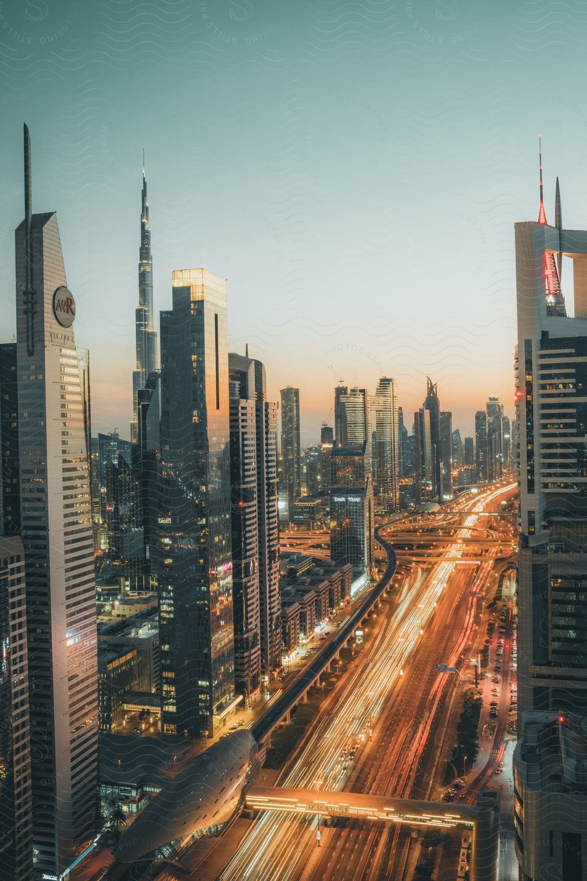 Aerial traffic in a downtown city at dusk or dawn