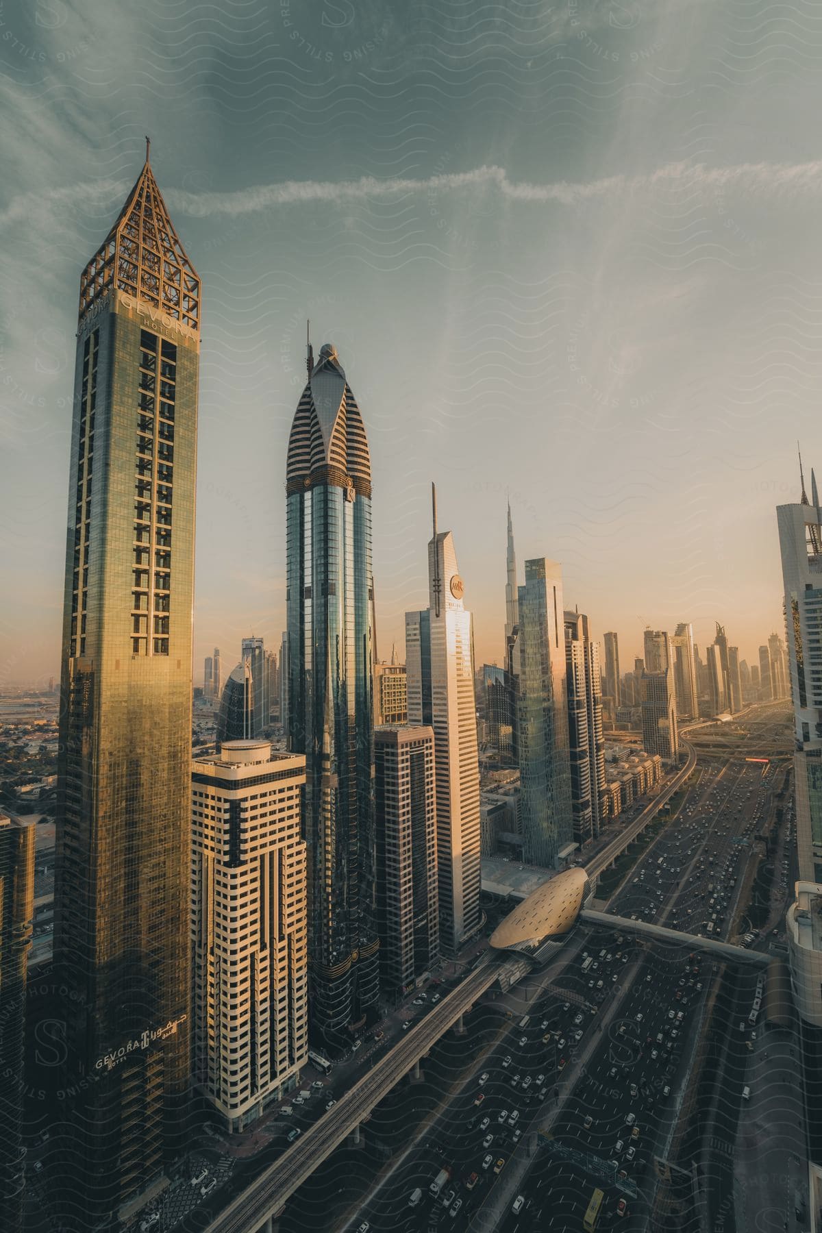 Iconic skyline with skyscrapers metro and highway traffic in downtown dubai