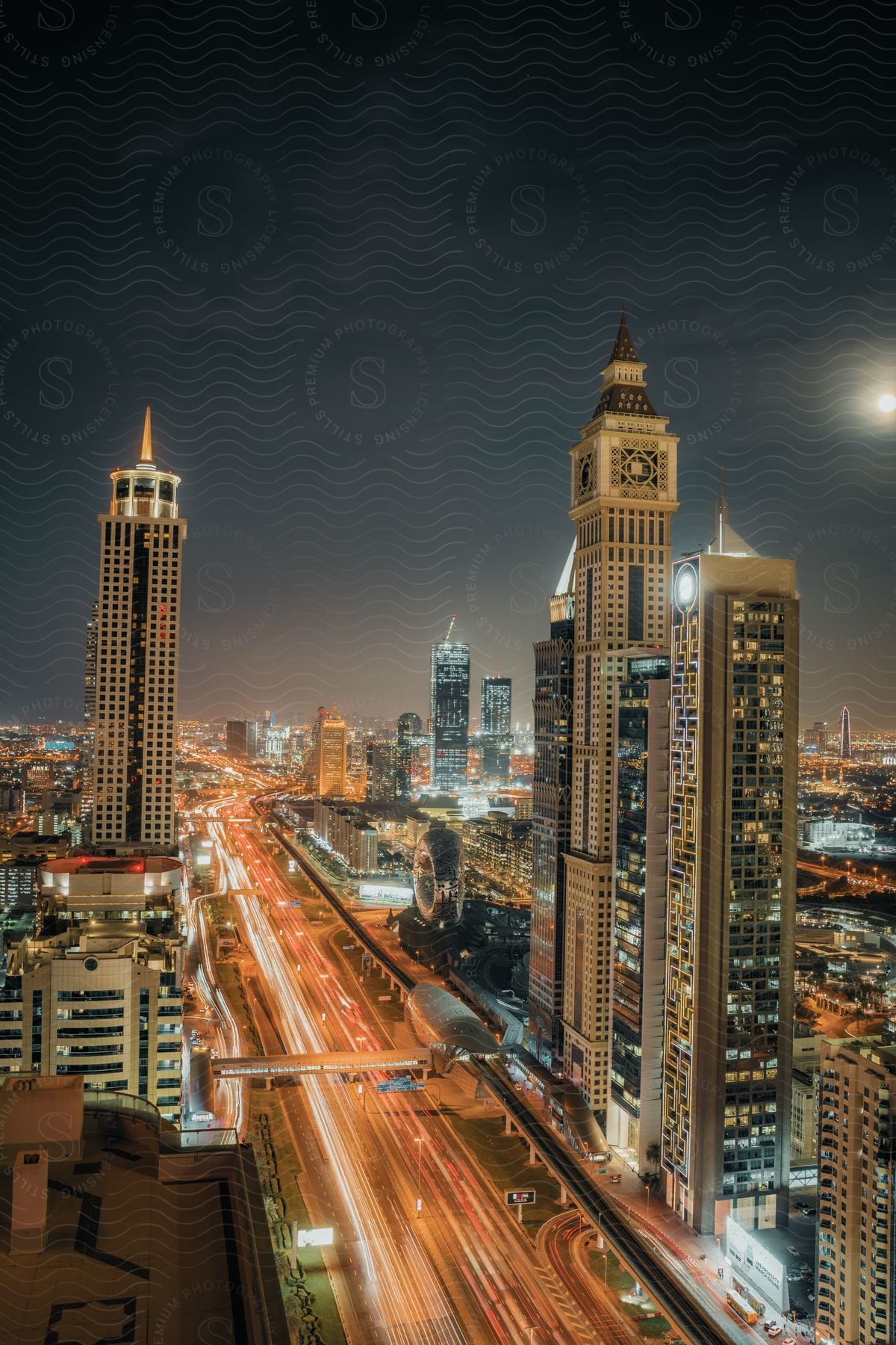 Aerial cityscape with traffic at night