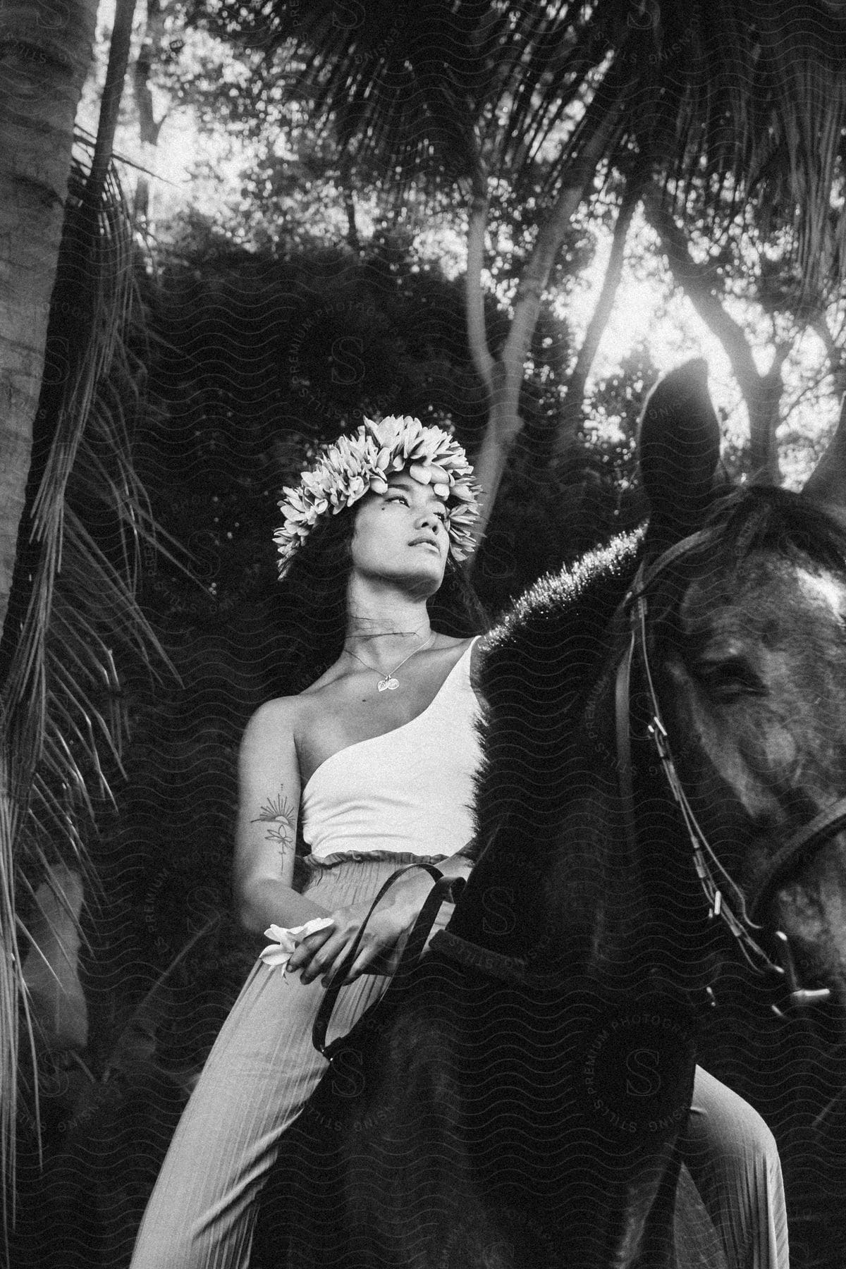 A happy woman riding a horse in nature