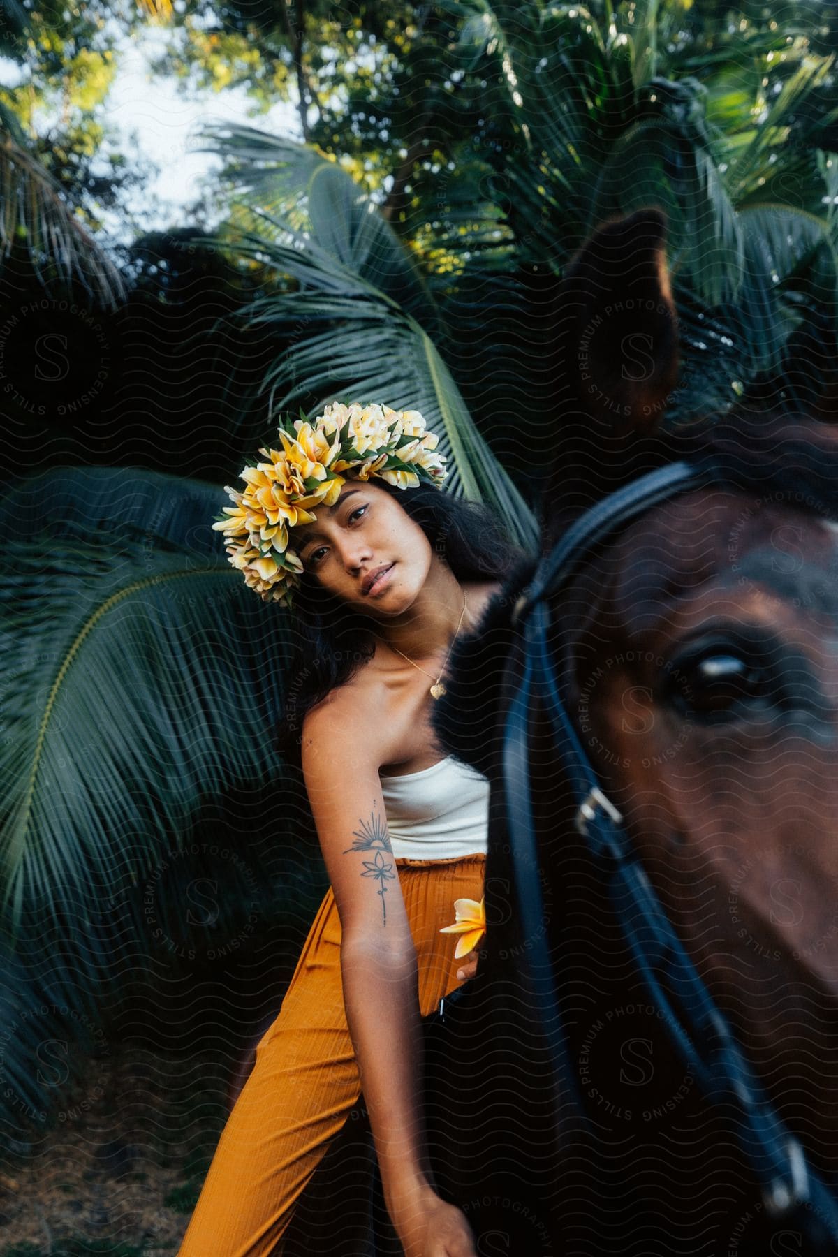 A woman riding a horse in a lush jungle