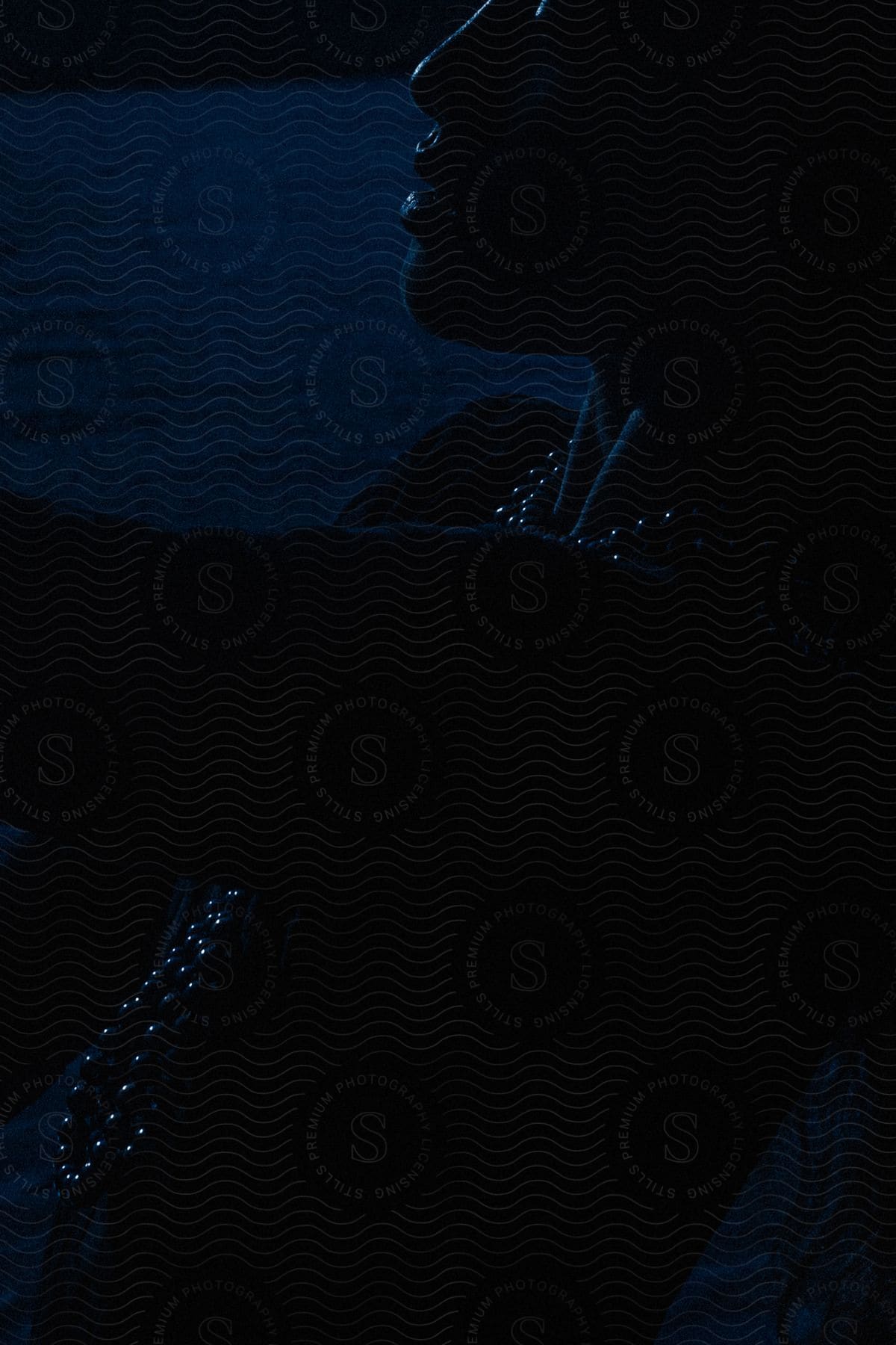 A person in shadows stands near the water at night