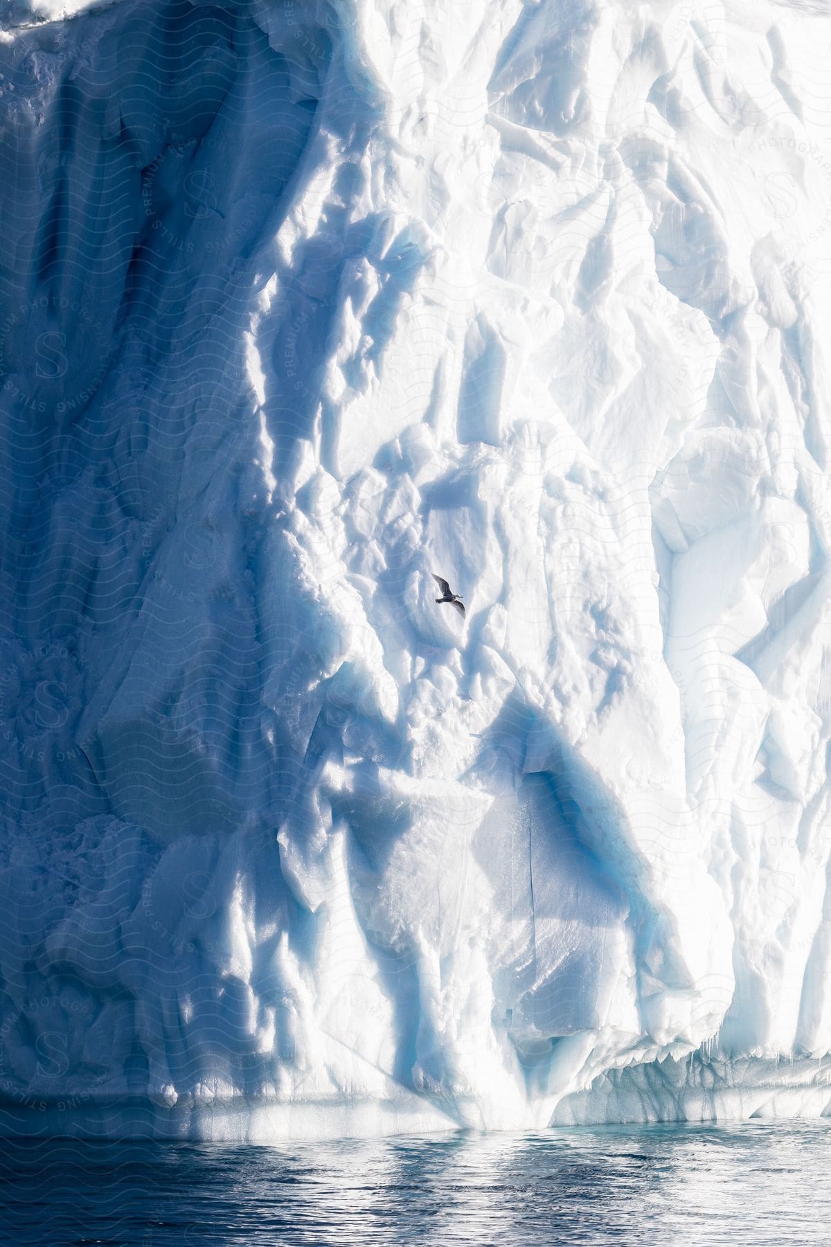 A snowy mountain with ice and a glacier in greenland during winter