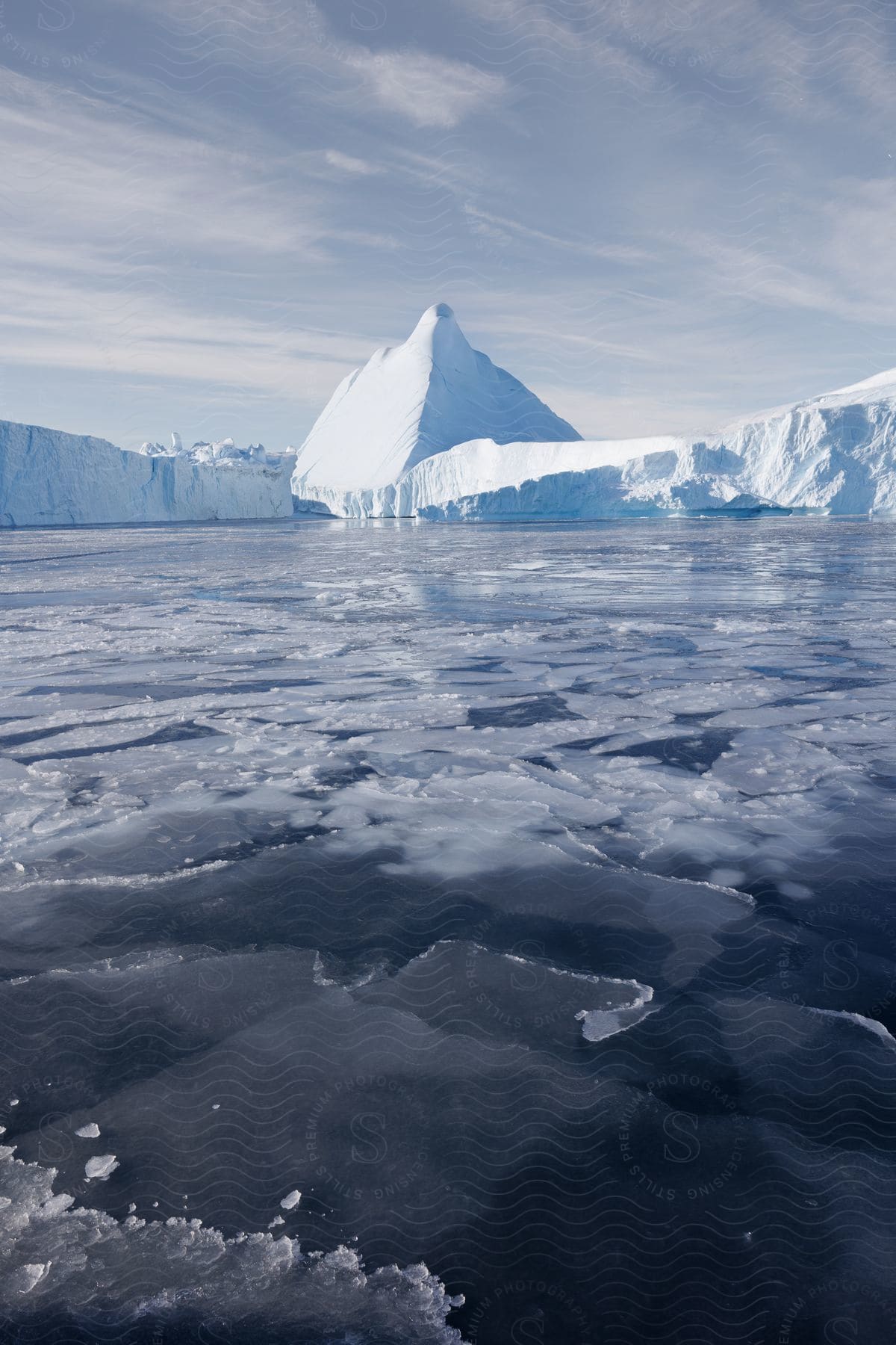 Ice caps melting into the water creating ice chunks