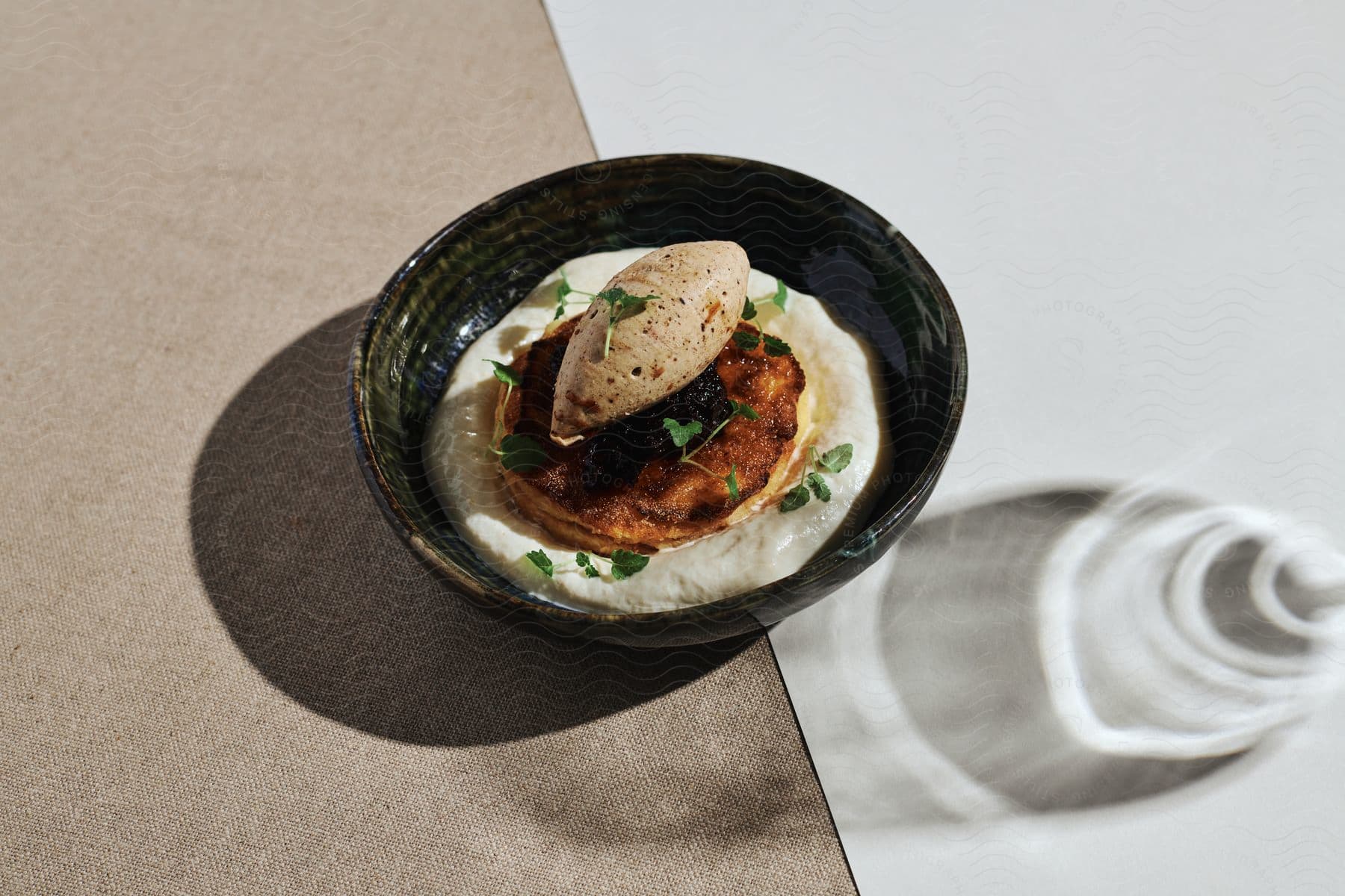 A bowl of food on a table in a european bistro