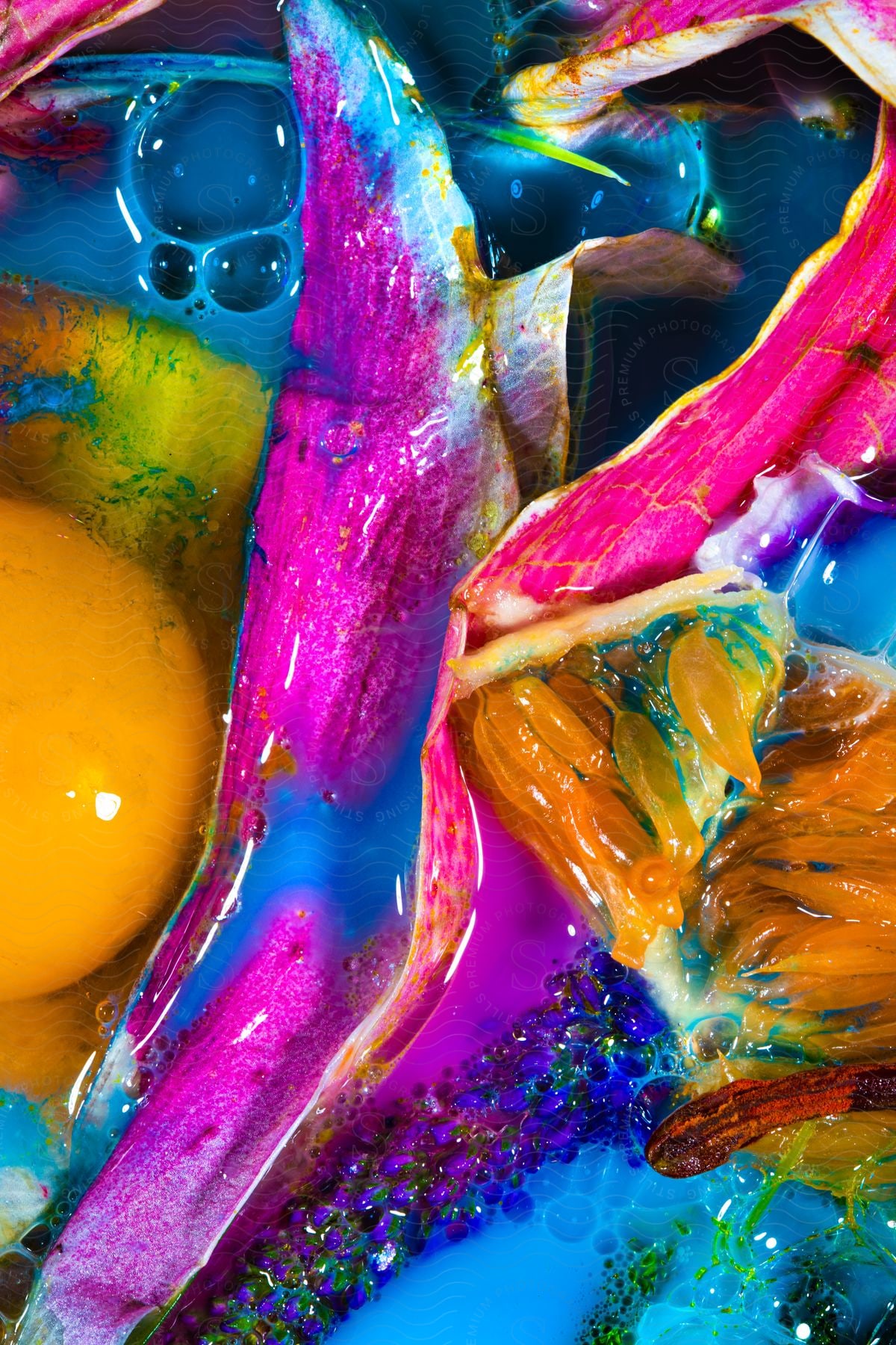 Vibrant colors of liquid paint merge to form an abstract work of art