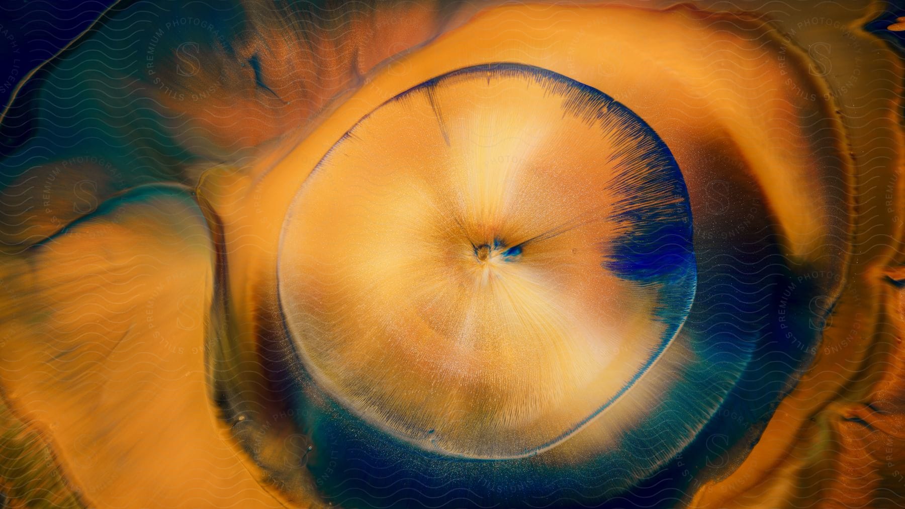 Stock photo of blue and tan liquids mix together in circular patterns