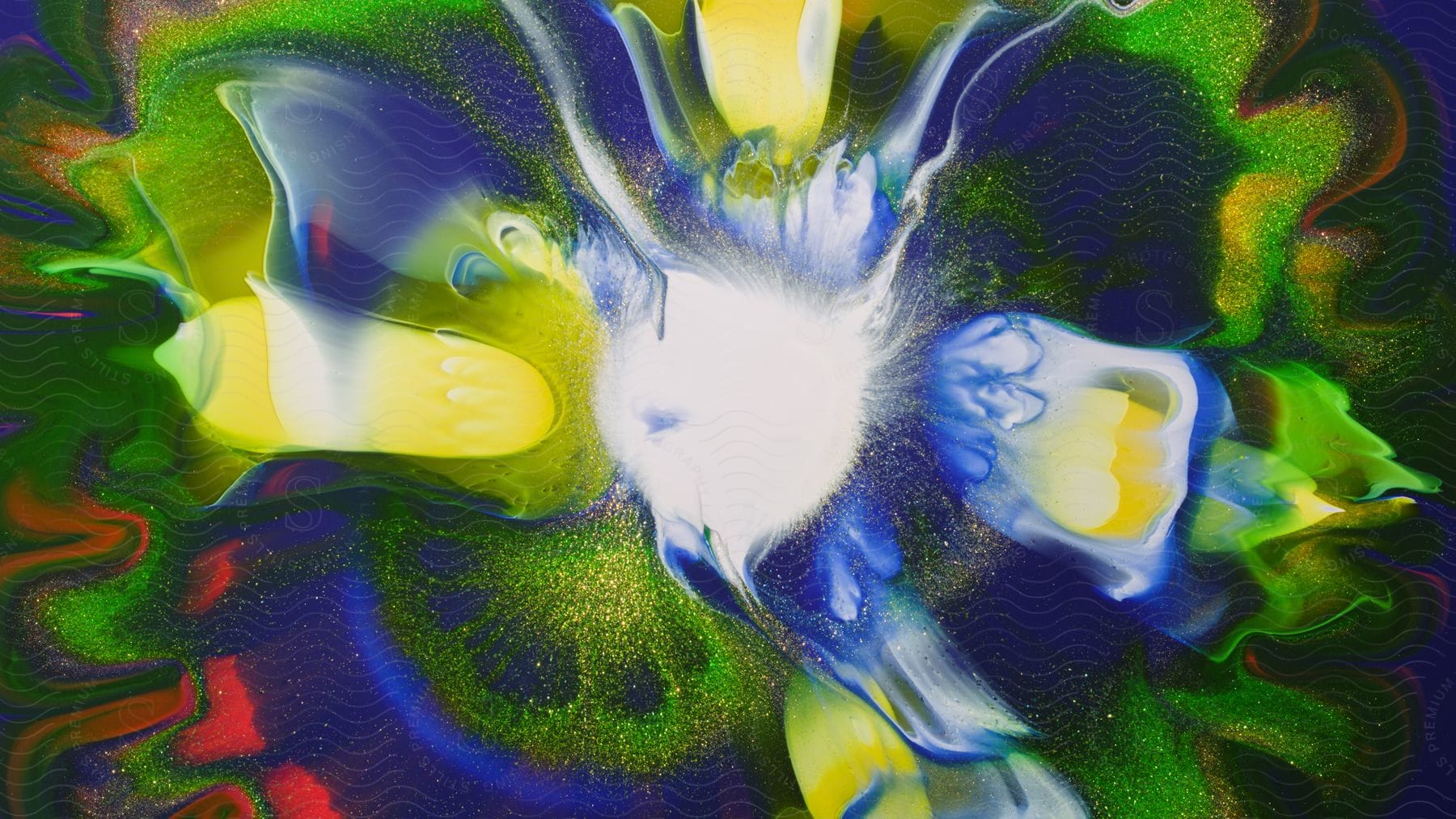 Colorful abstract photo with fluidlike patterns in green blue white and yellow