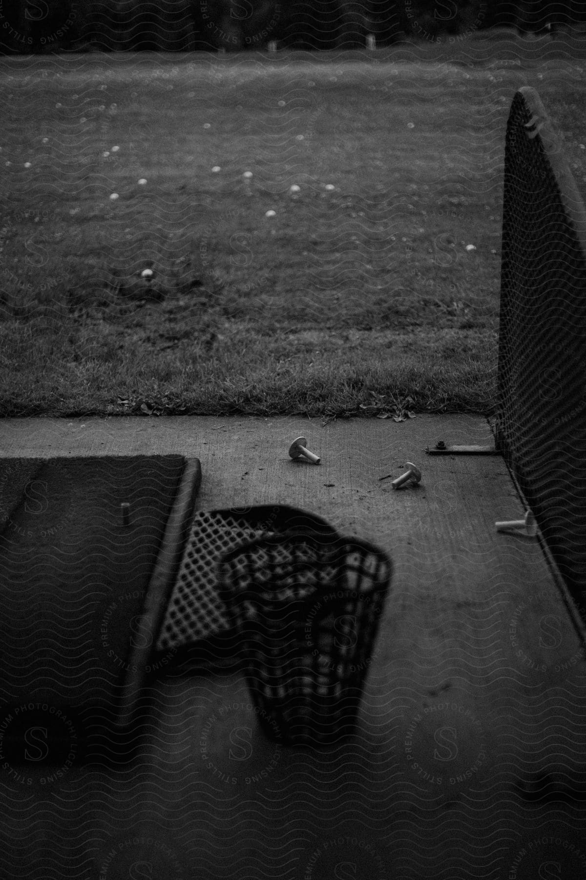 Vintage outdoor net and basket recreation equipment in black and white