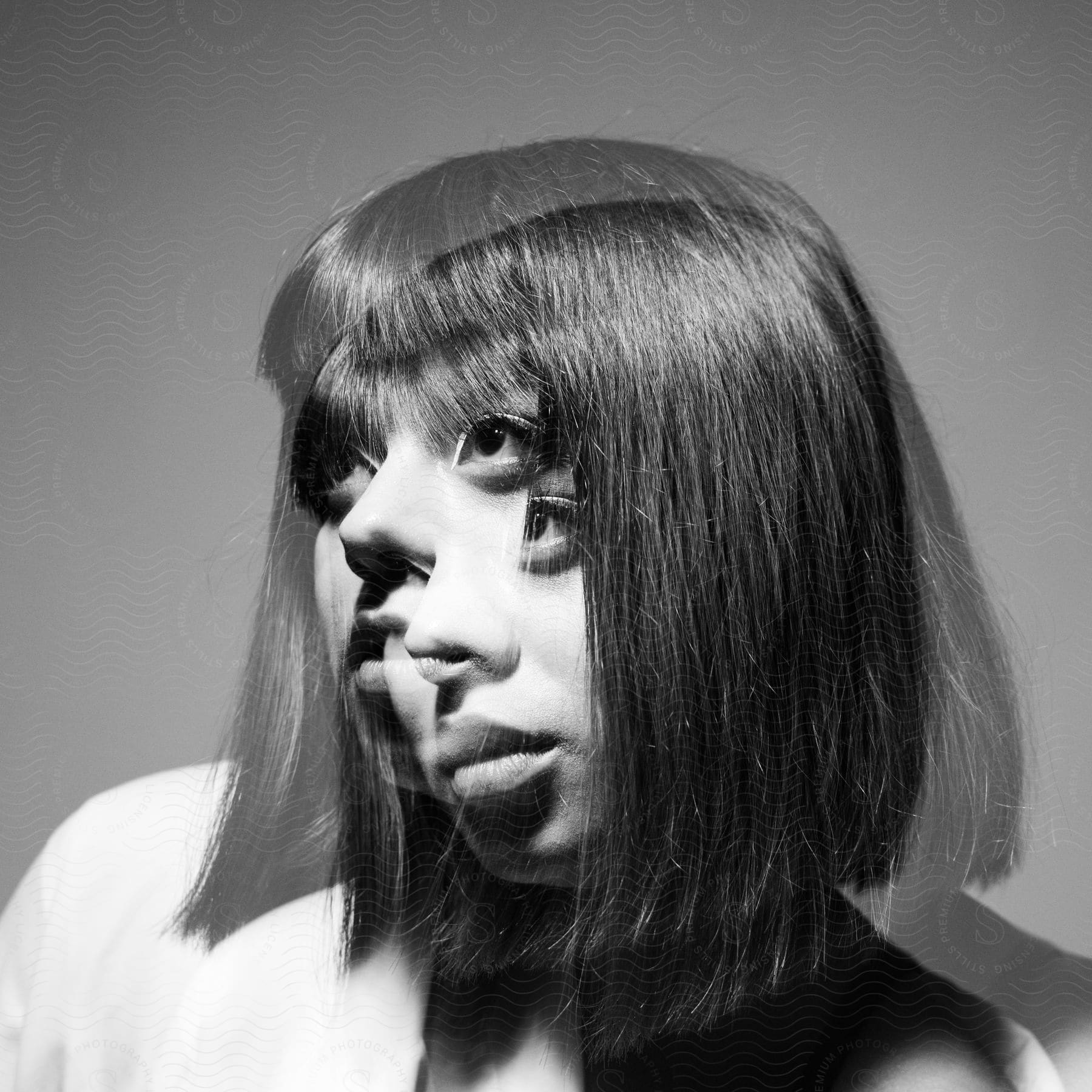 A black and white multiexposed shot of a woman with shoulderlength hair looking up in a studio