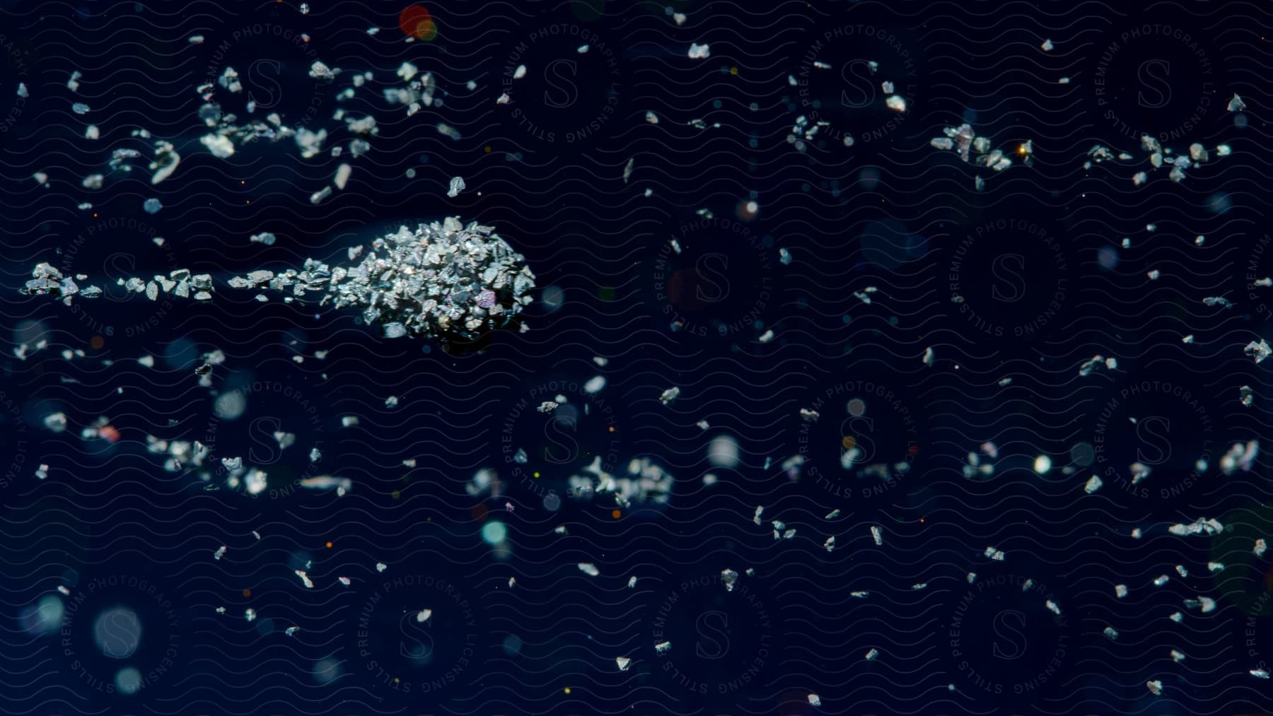 A cluster of white particles fired against a blue background