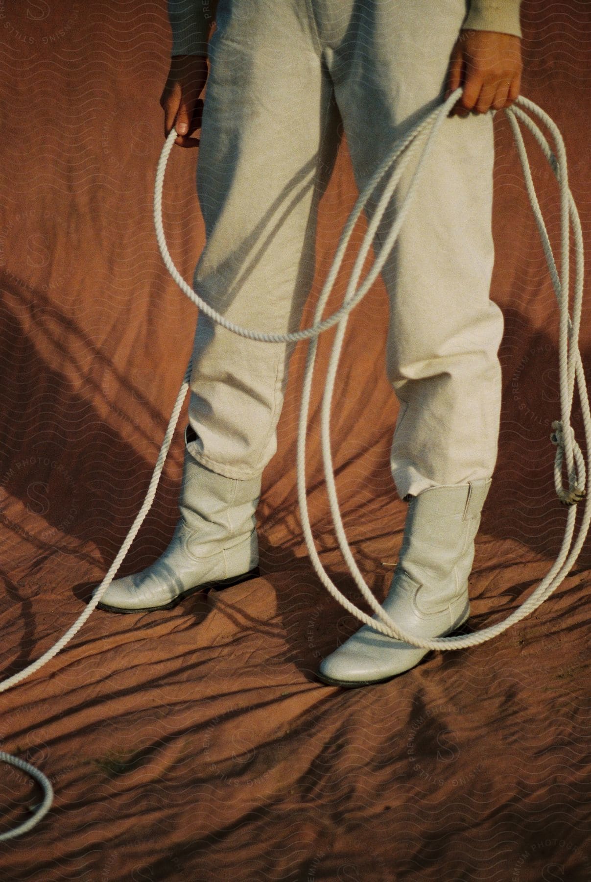 A woman holding a rope in the desert