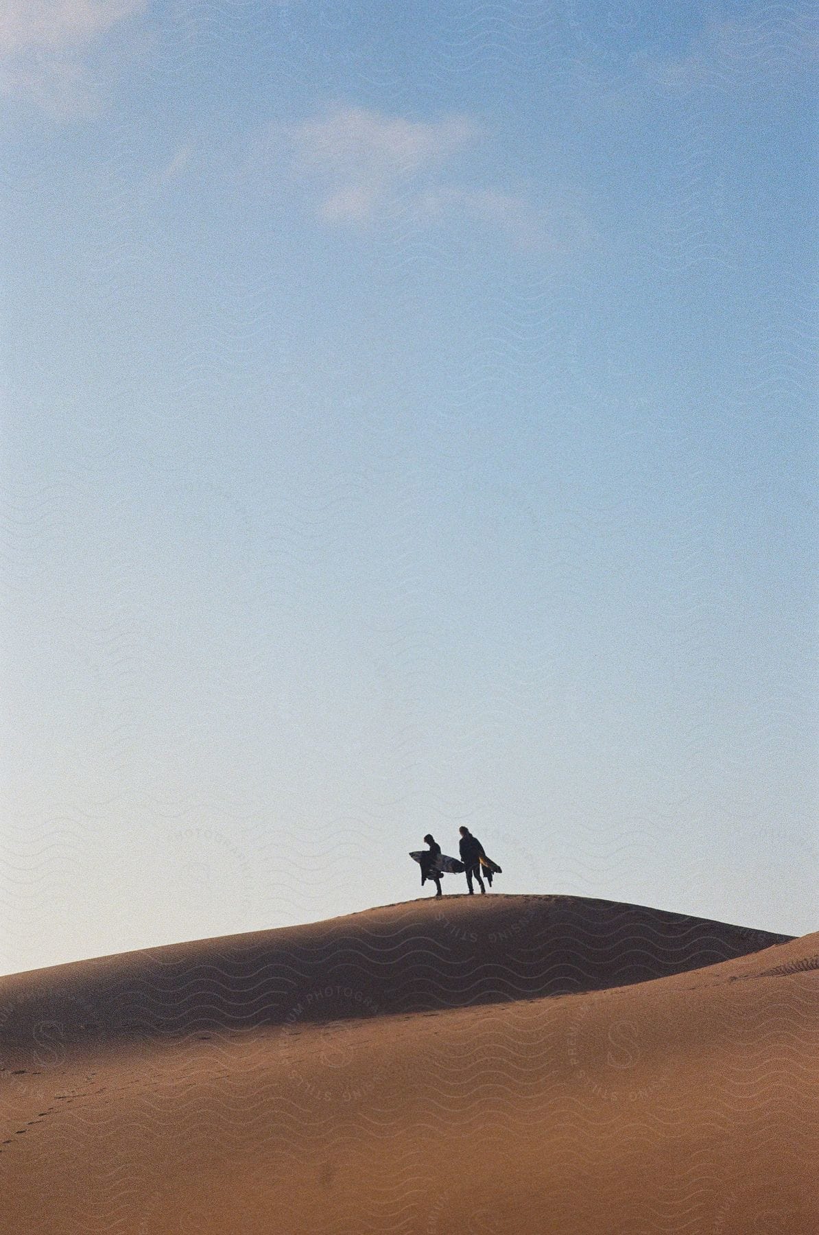 Two surfers standing on top of a sand dune