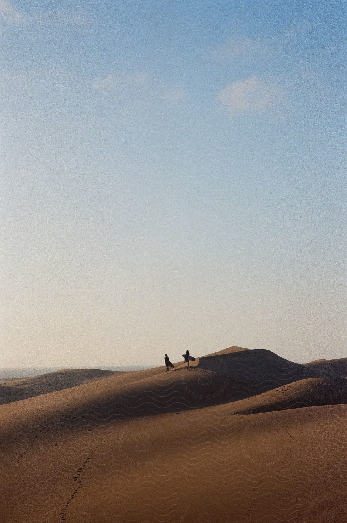 Two men holding surfboards are silhouetted against the sky in the desert