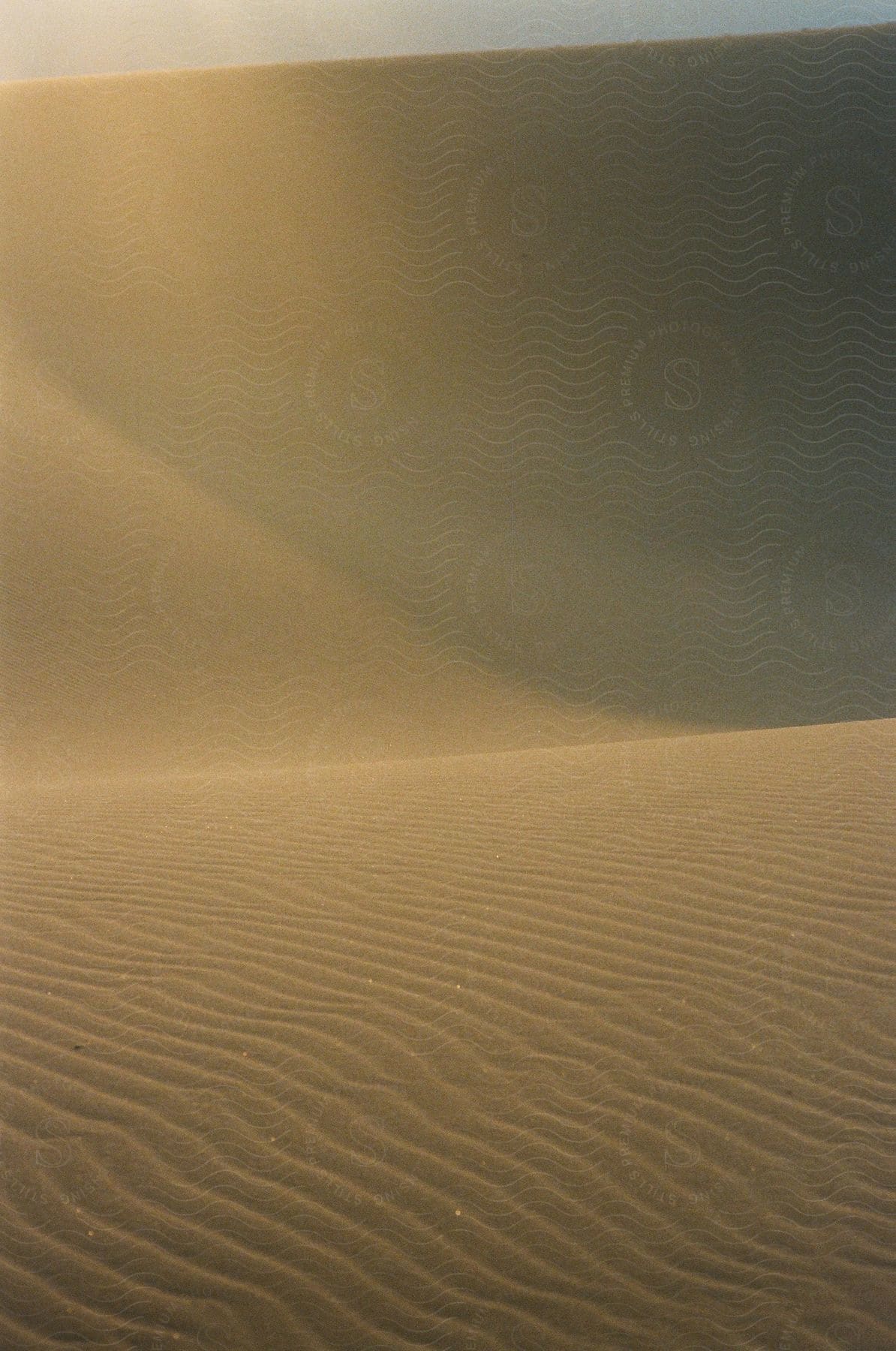 Sand dunes with ripple marks in a dry desert with sunlight shining down