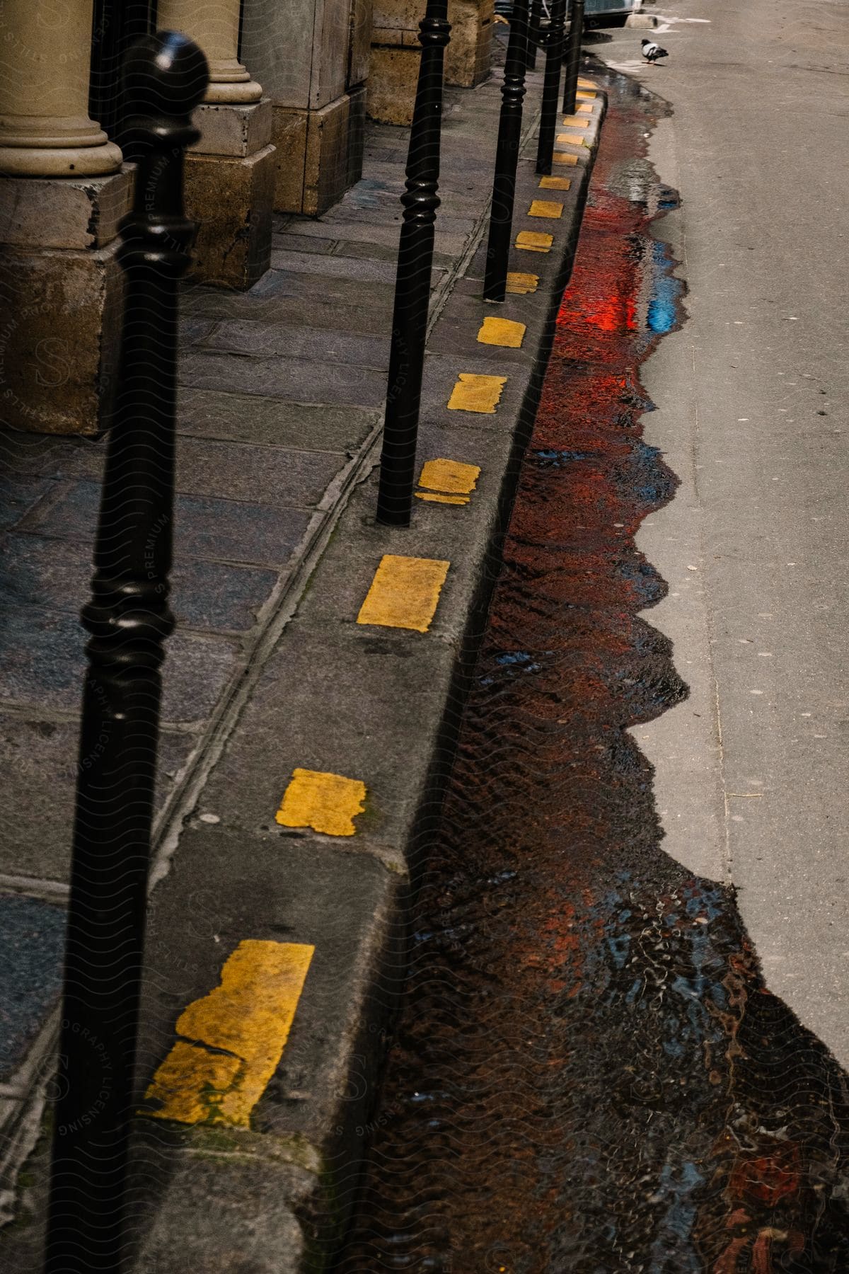 An urban road with asphalt lines and a sidewalk