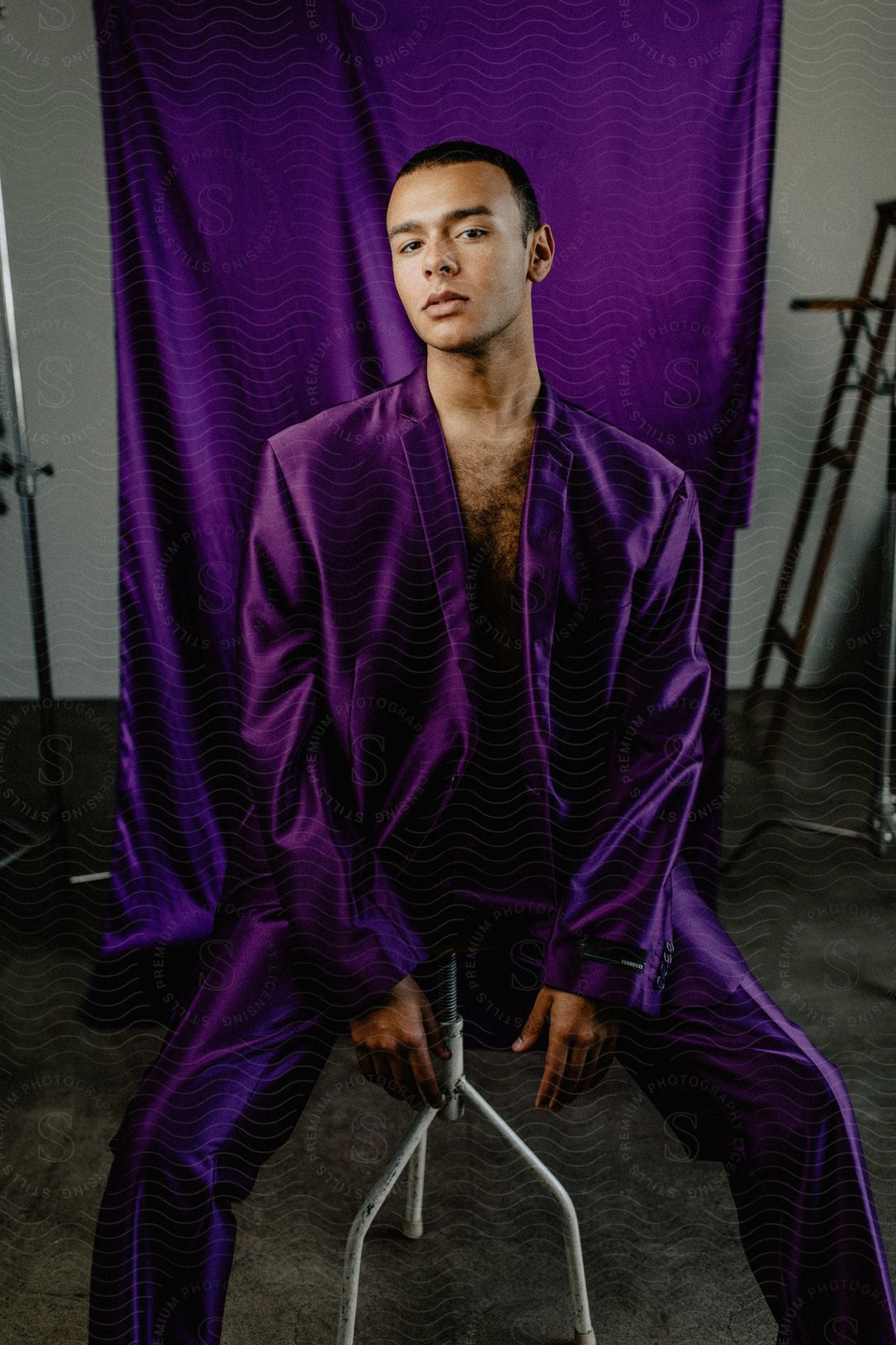 A man models a purple silk jacket and pants in front of a matching purple background