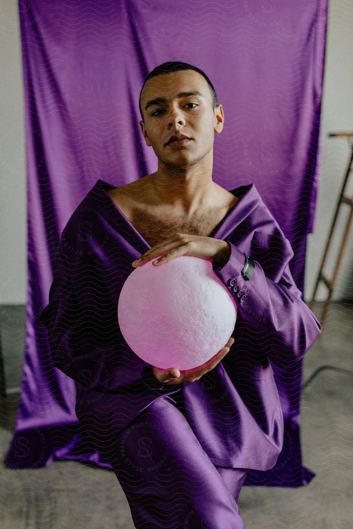 A man posing as a model in a purple dress holding a purple ball