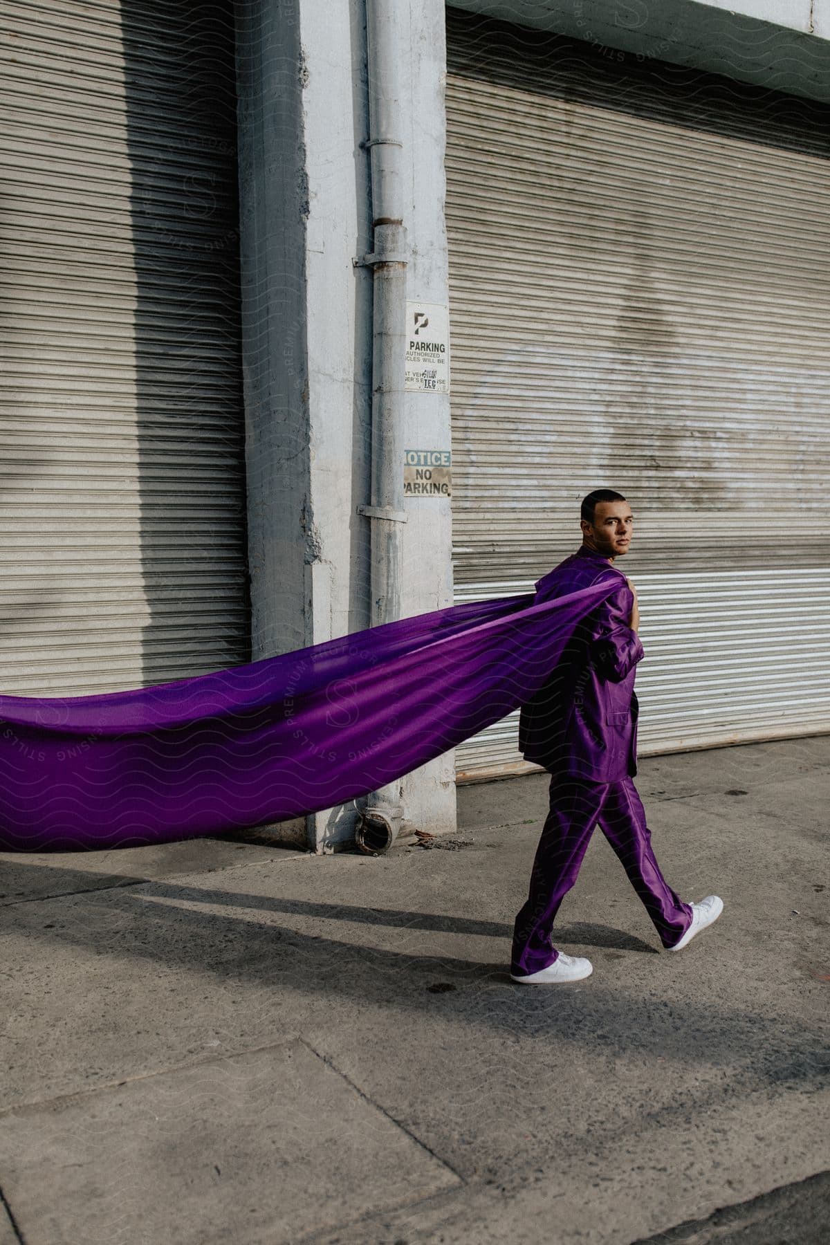 A man in a purple suit walks down the street past closed warehouse doors