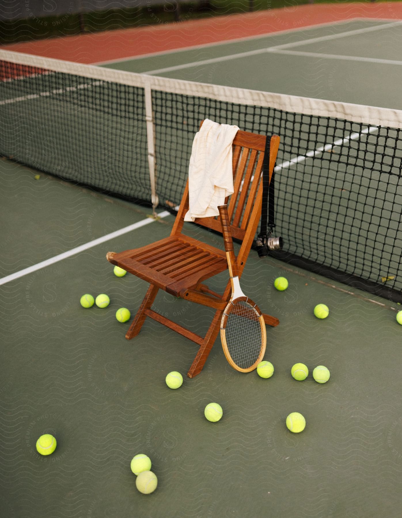 Wooden folding chair on a tennis court with a leaning racquet surrounded by tennis balls