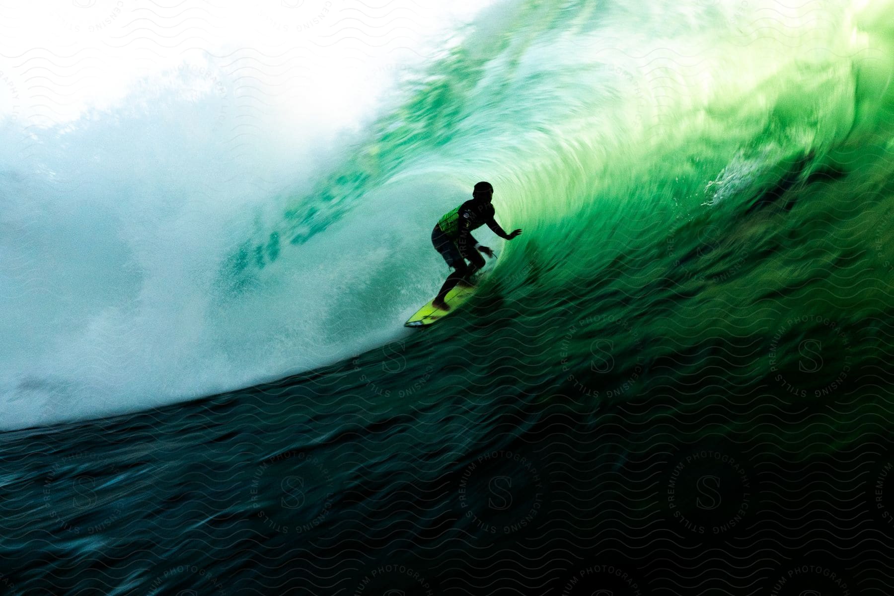 A person is surfing a large wave that is light on top and dark on the bottom