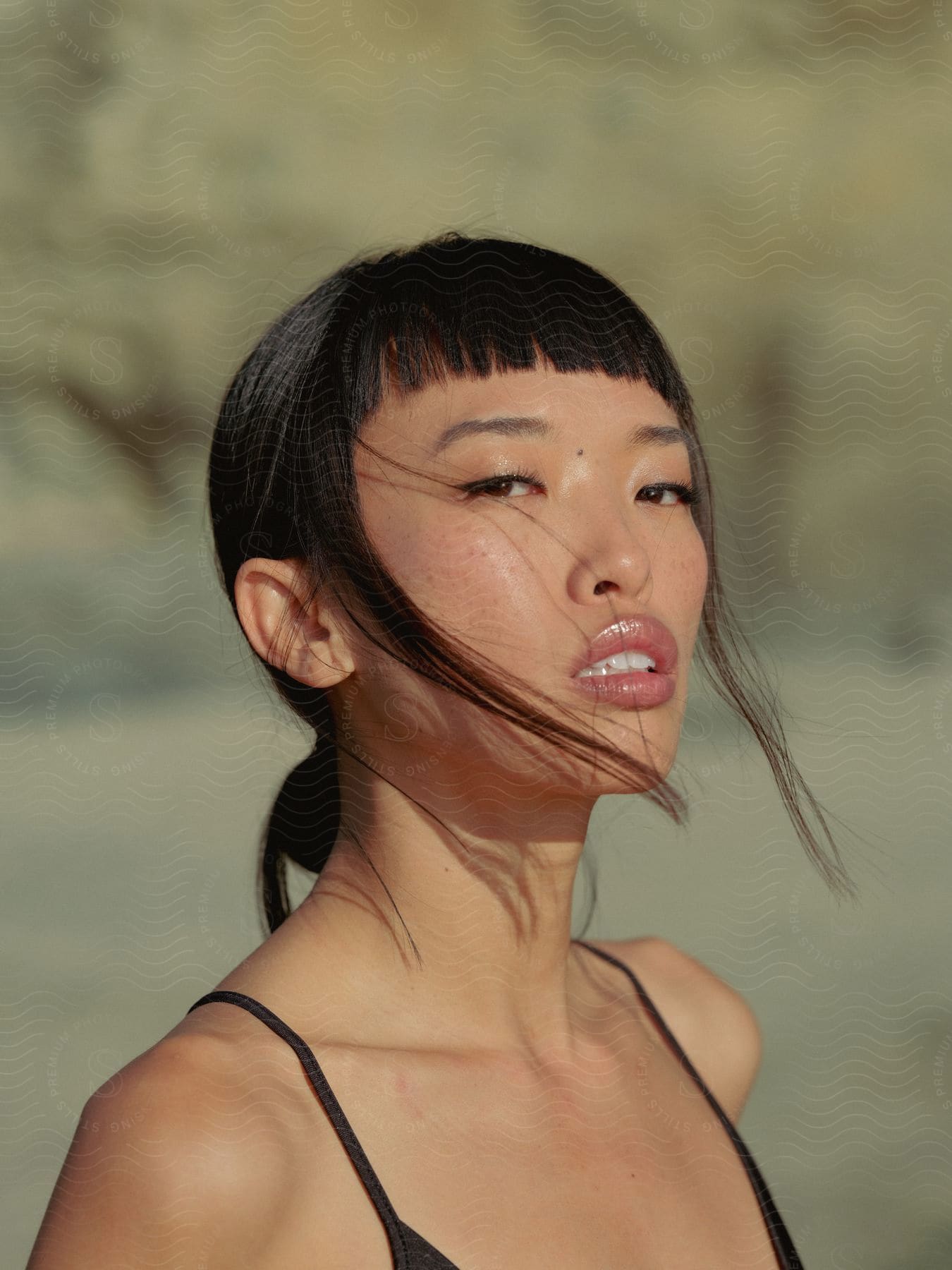 An asian woman with straight bangs wearing a bathing suit