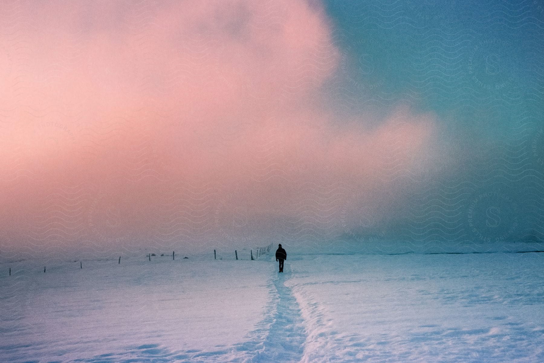 A Person In Winter Gear Walks Through A Snowy Field