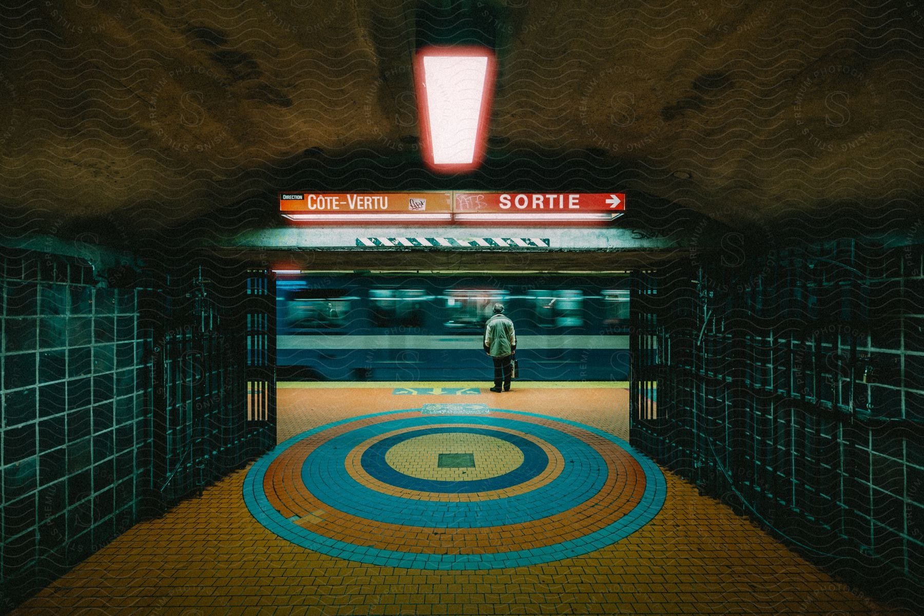 A man stands at a subway station with a colorful tile floor