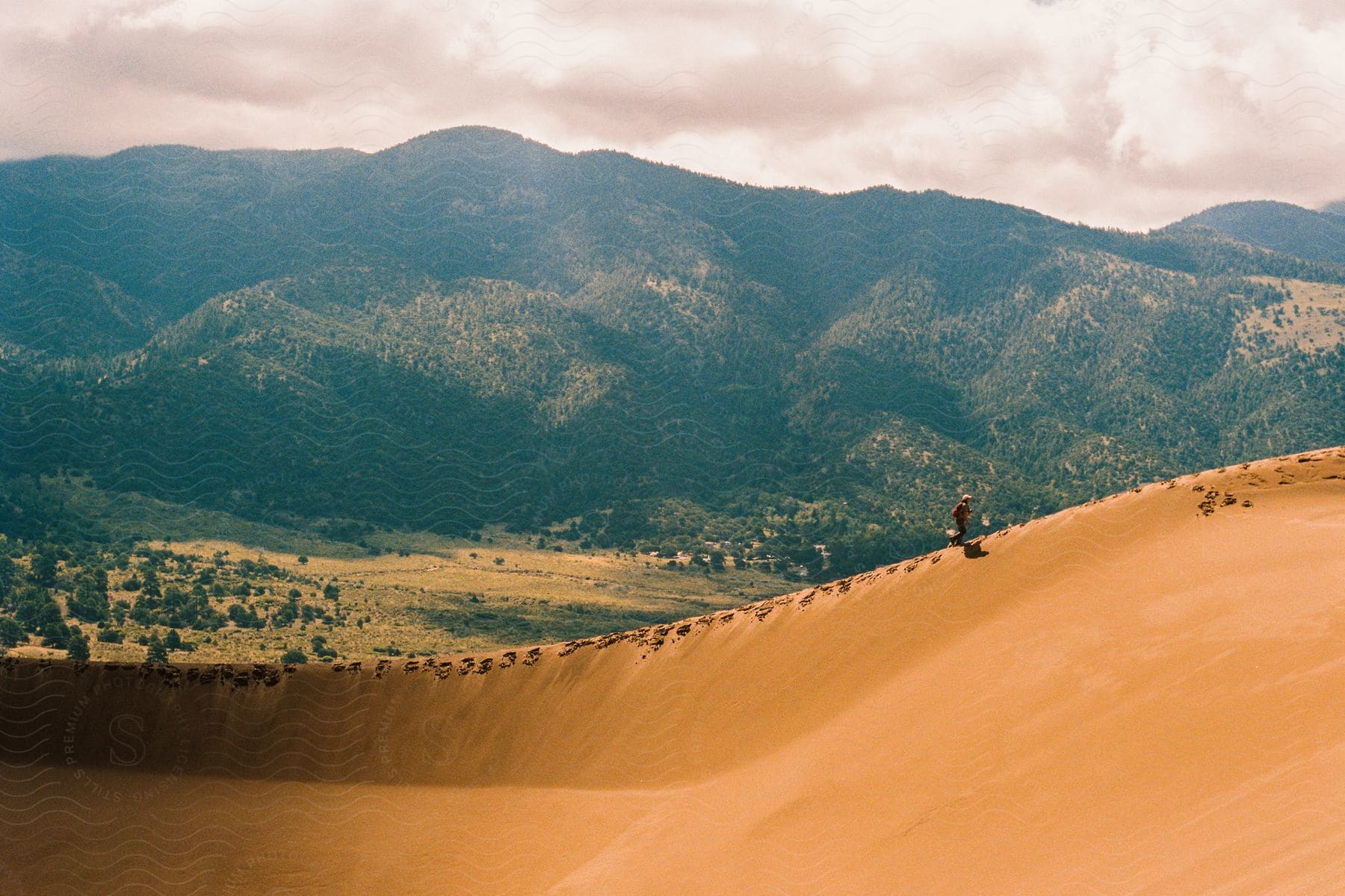 A person running up a hill in a desert with footprints in the sand