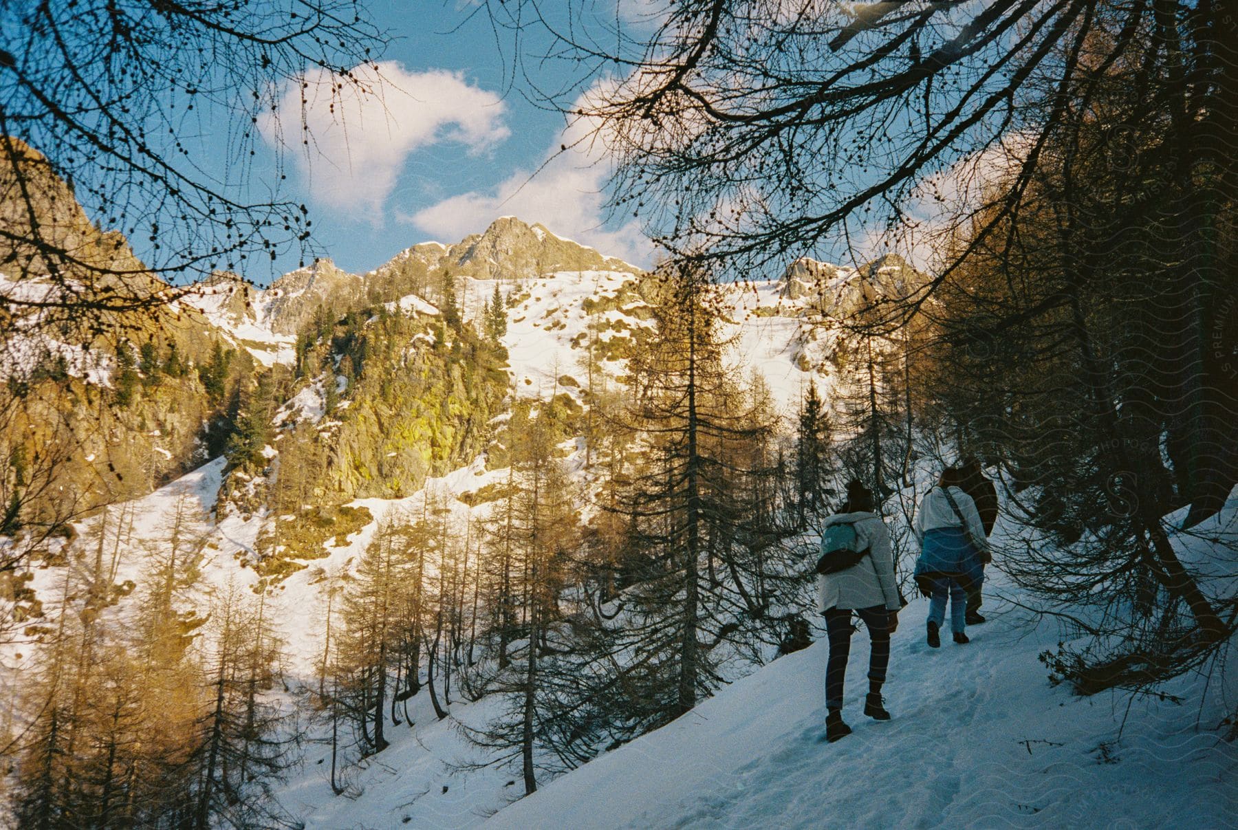 Hikers walking on snowcovered mountain trail under cloudy sky