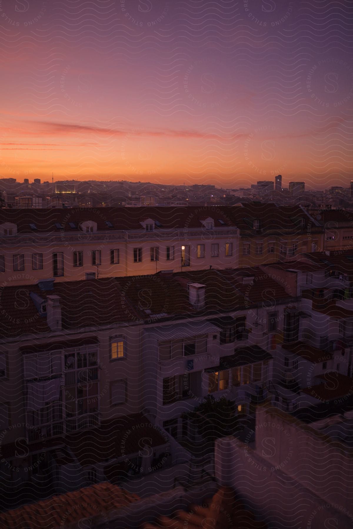 Aerial perspective of a suburban city during sunset