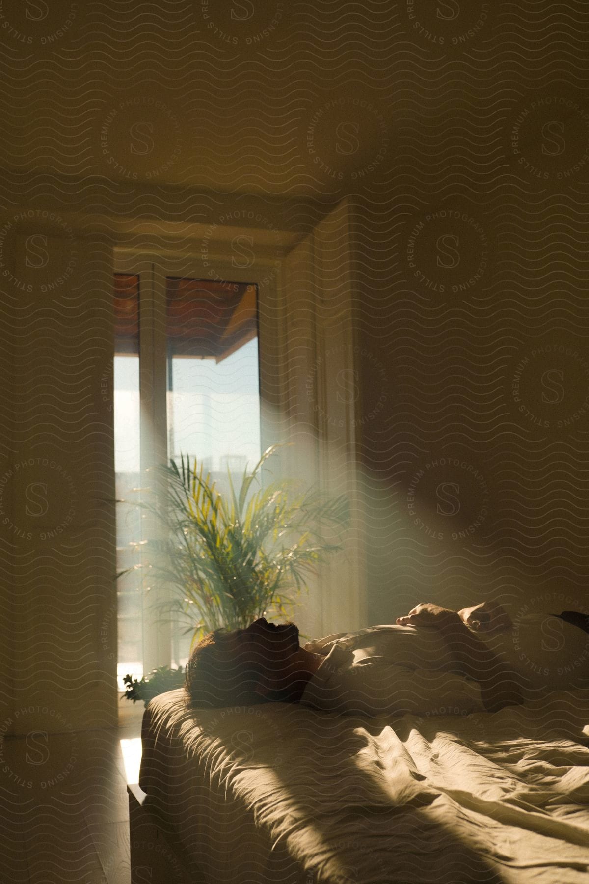 Stock photo of a man rests on a bed as sunlight enters through the windows at dawn in an interior space