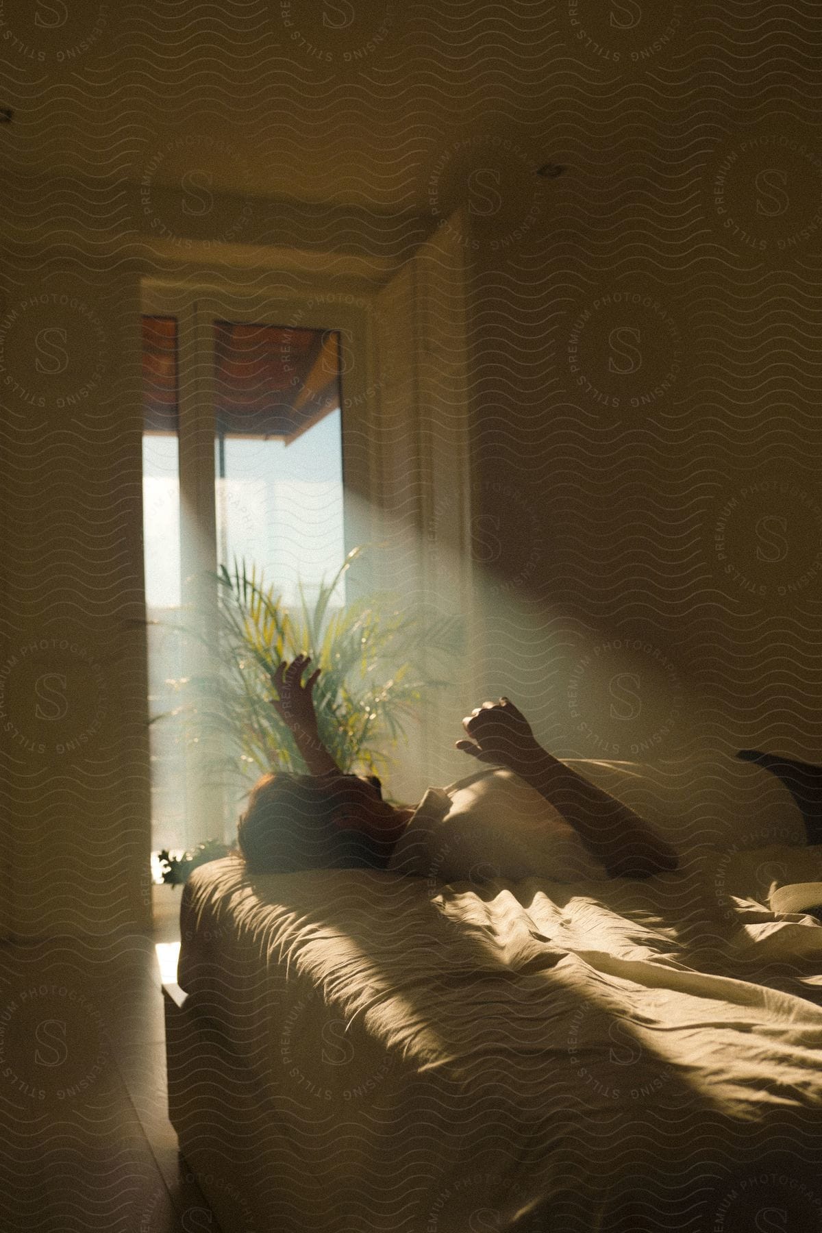 A man lying in a sunlit bedroom