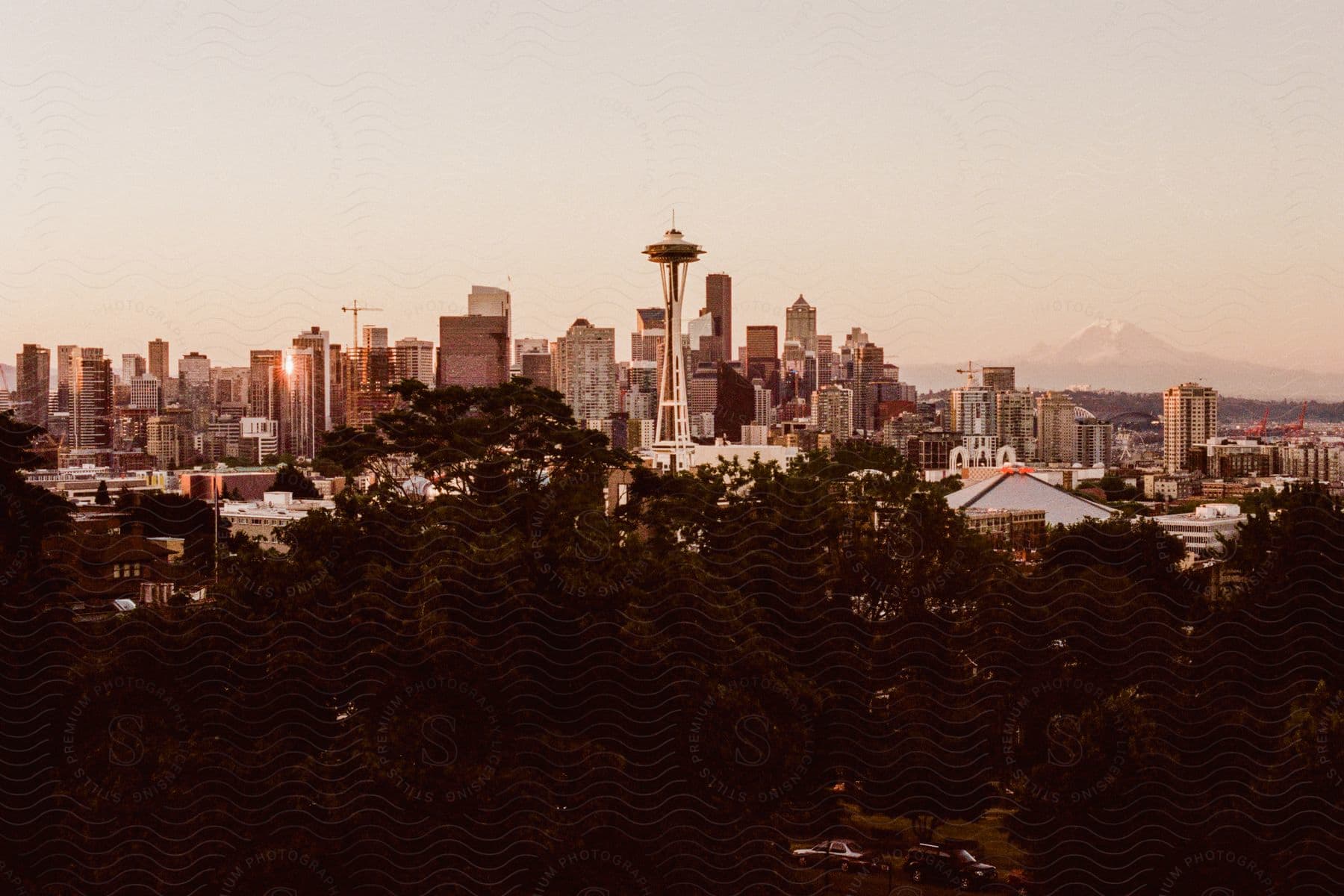 Urban cityscape featuring a landmark tower in the pacific northwest