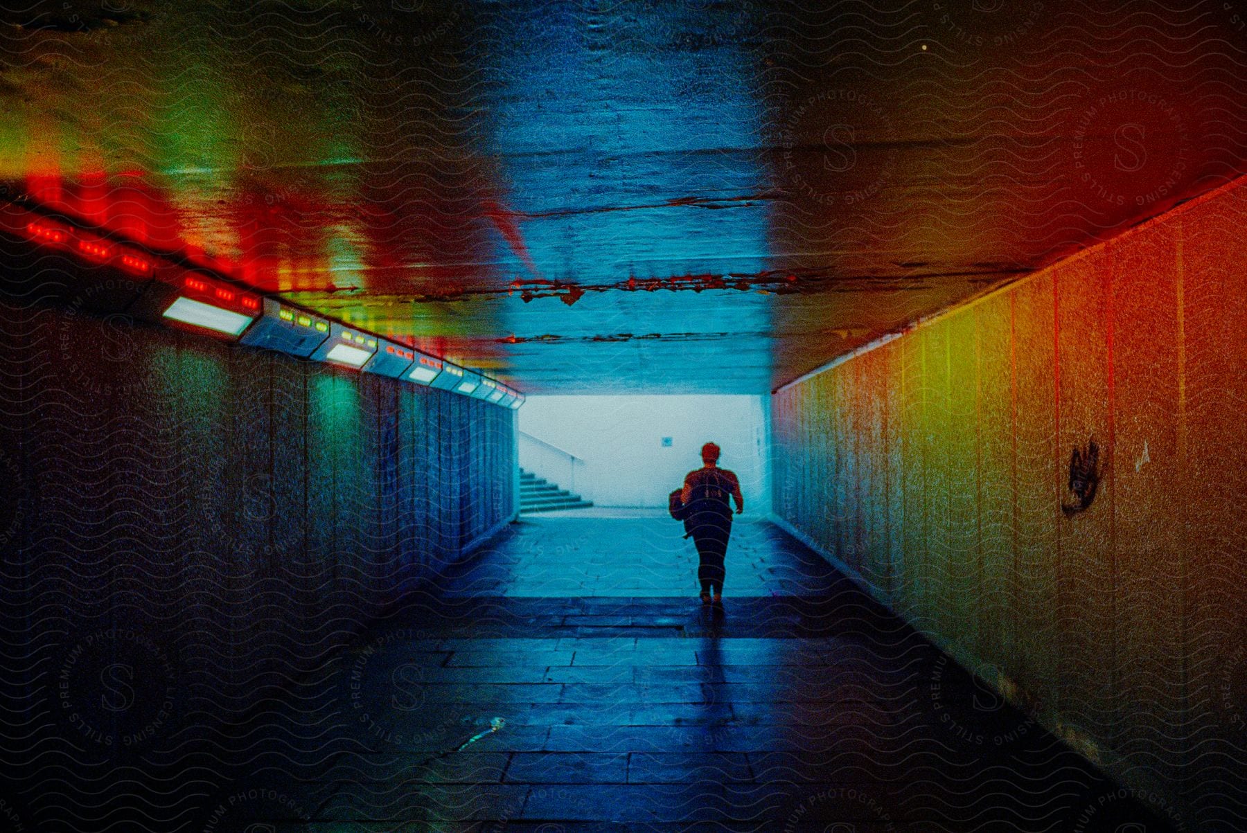 A woman walks towards the stairs in a pedestrian underpass