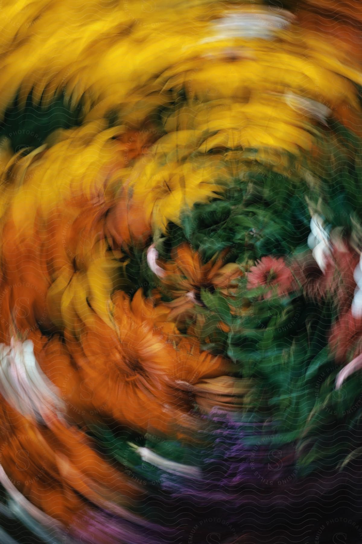 Abstract flower arrangement with vibrant colors distorted by motion blur