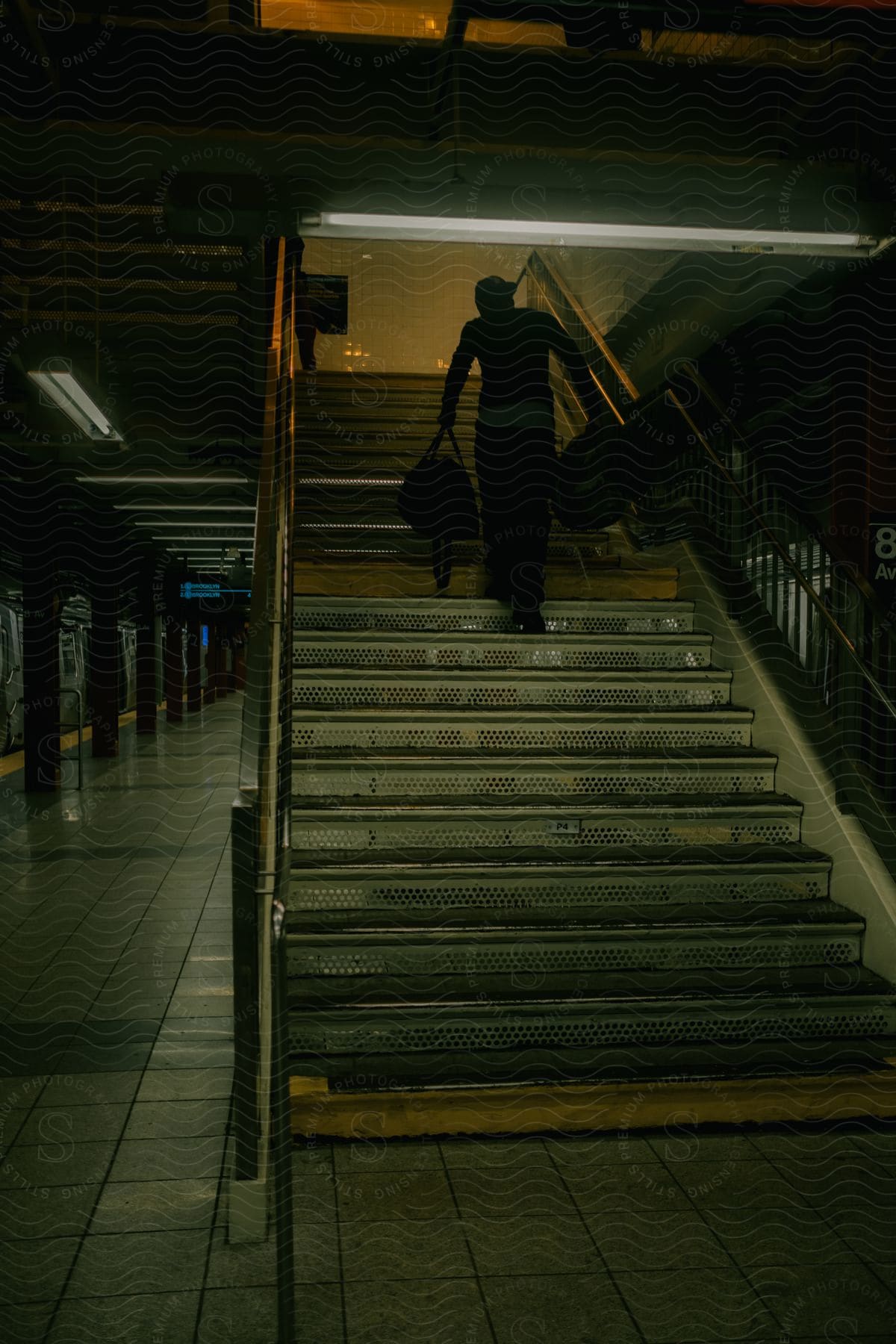 A man carrying bags walks up a staircase in a train terminal