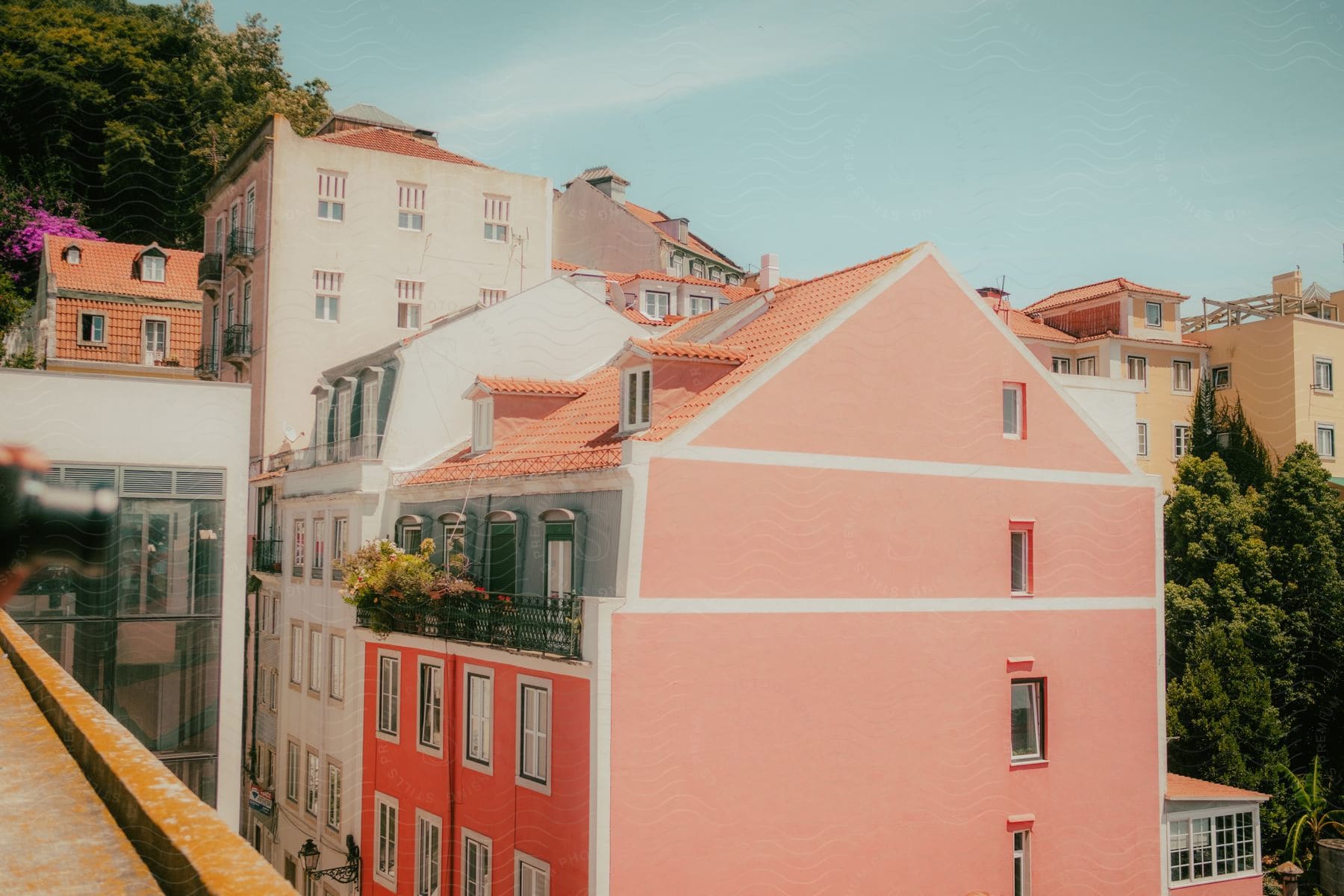 Colorful buildings in a small town on a hill